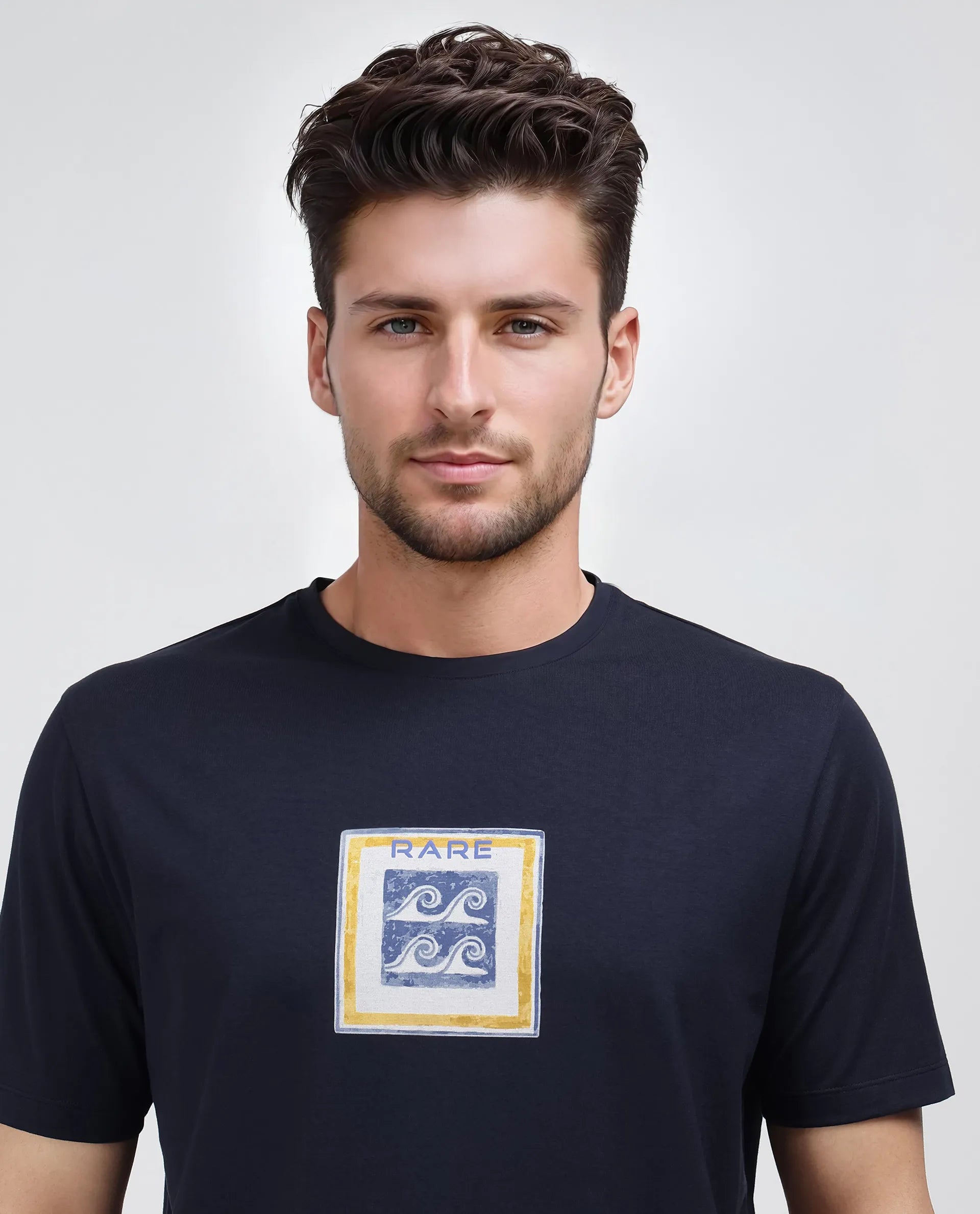Rare Rabbit Men Rek Navy Cotton Lycra Fabric Short Sleeve Crew Neck Slip-On Oversized Fit Printed T-Shirt