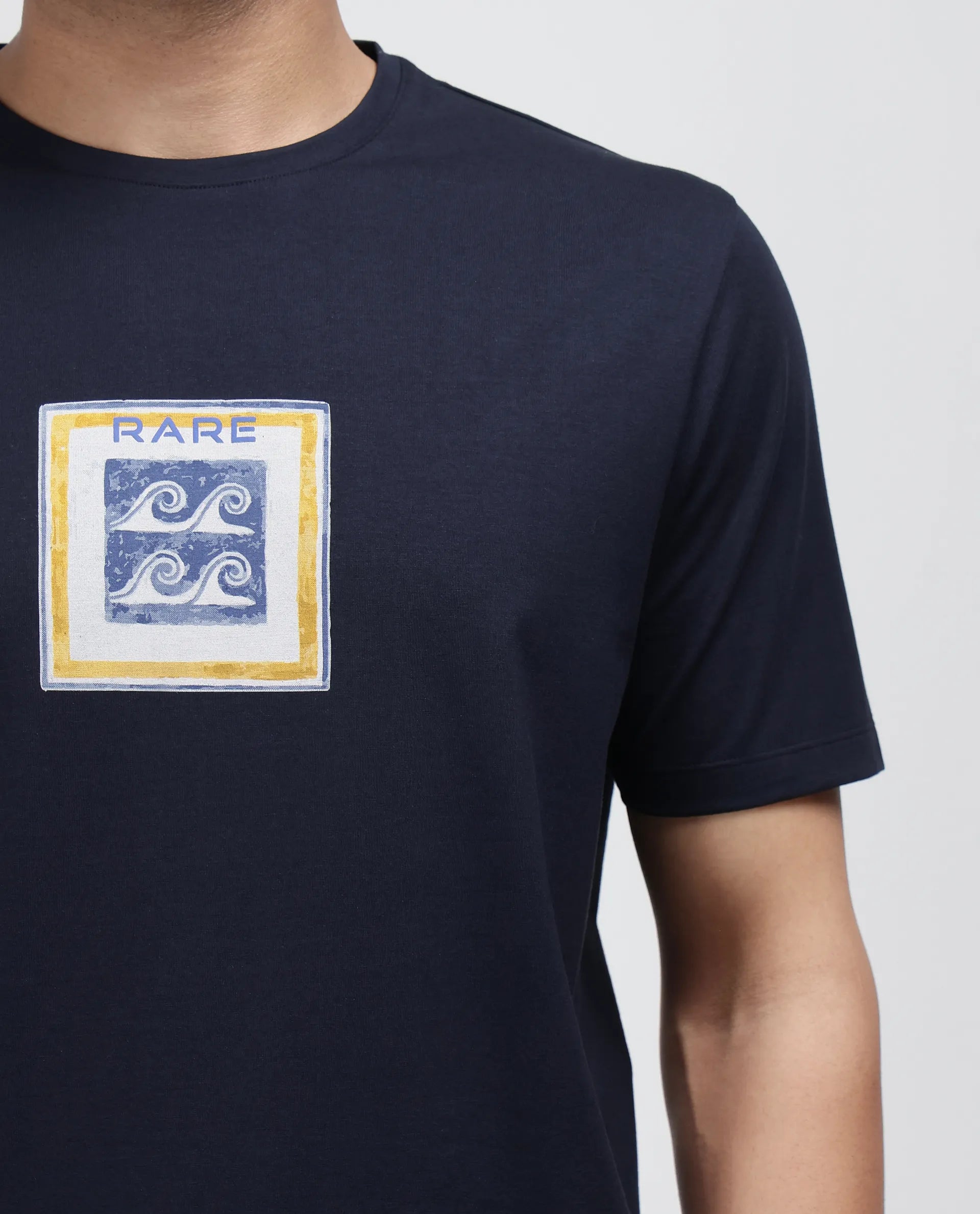 Rare Rabbit Men Rek Navy Cotton Lycra Fabric Short Sleeve Crew Neck Slip-On Oversized Fit Printed T-Shirt