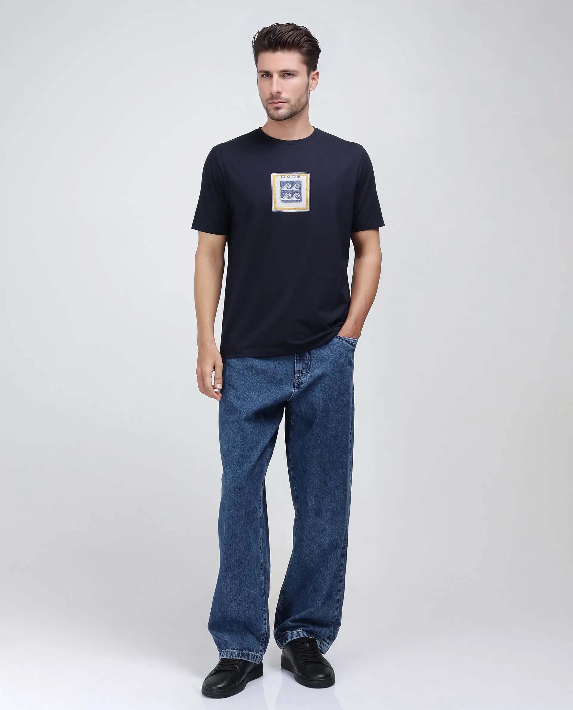 Rare Rabbit Men Rek Navy Cotton Lycra Fabric Short Sleeve Crew Neck Slip-On Oversized Fit Printed T-Shirt