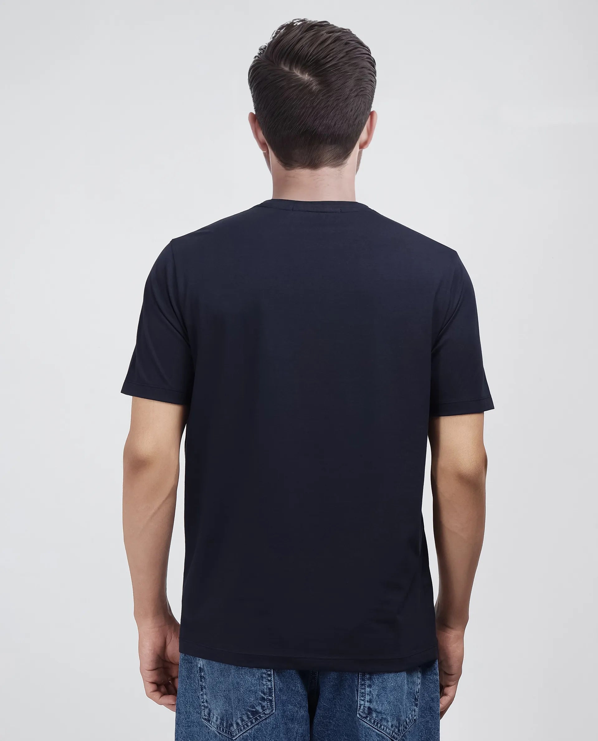 Rare Rabbit Men Rek Navy Cotton Lycra Fabric Short Sleeve Crew Neck Slip-On Oversized Fit Printed T-Shirt