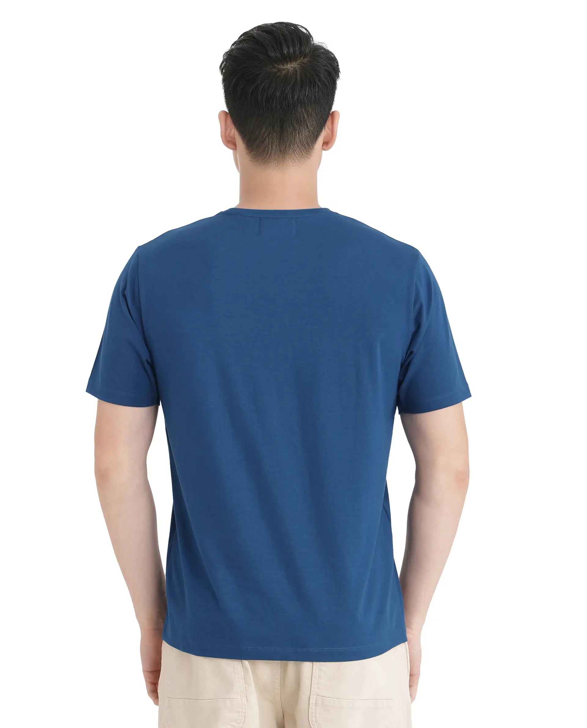 Rare Rabbit Men Reko Teal Cotton Blend Fabric Short Sleeve Crew Neck Multi Technique Pocket Print T-Shirt