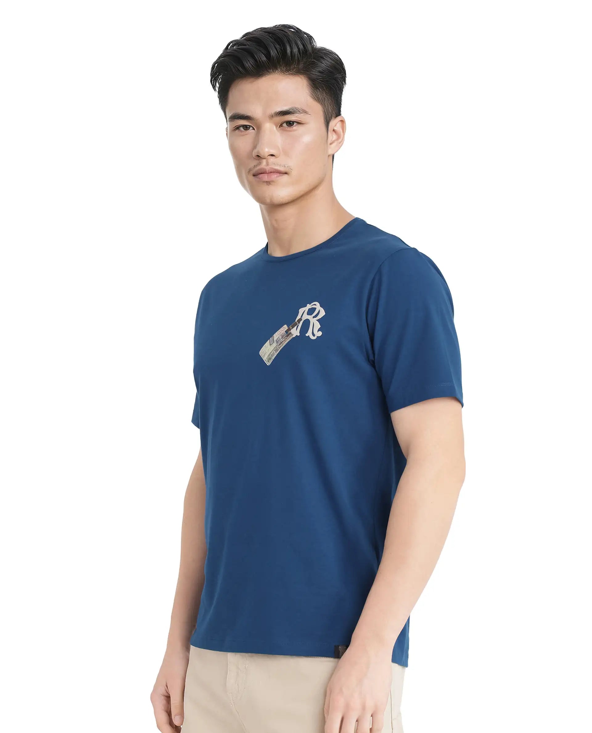 Rare Rabbit Men Reko Teal Cotton Blend Fabric Short Sleeve Crew Neck Multi Technique Pocket Print T-Shirt