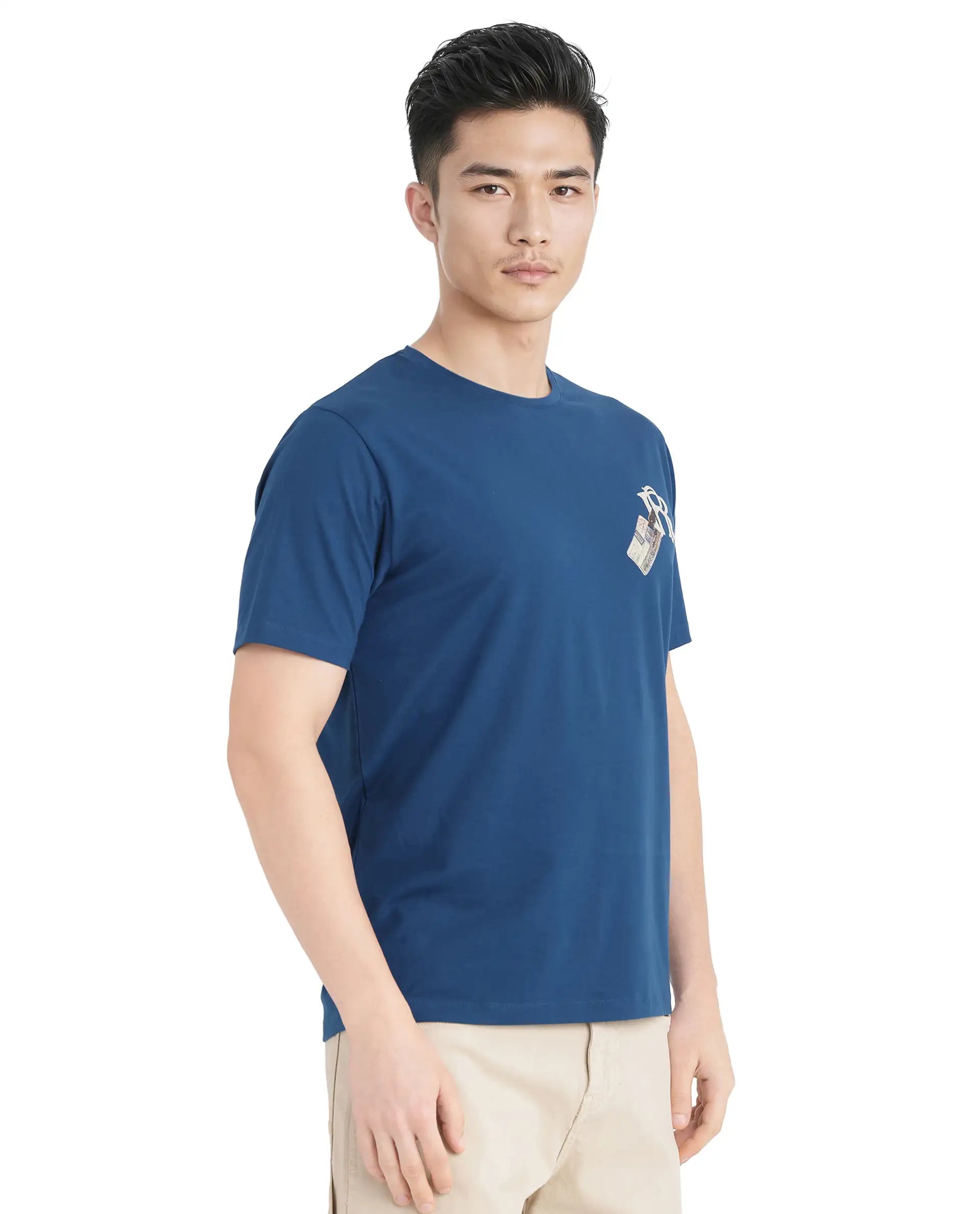 Rare Rabbit Men Reko Teal Cotton Blend Fabric Short Sleeve Crew Neck Multi Technique Pocket Print T-Shirt