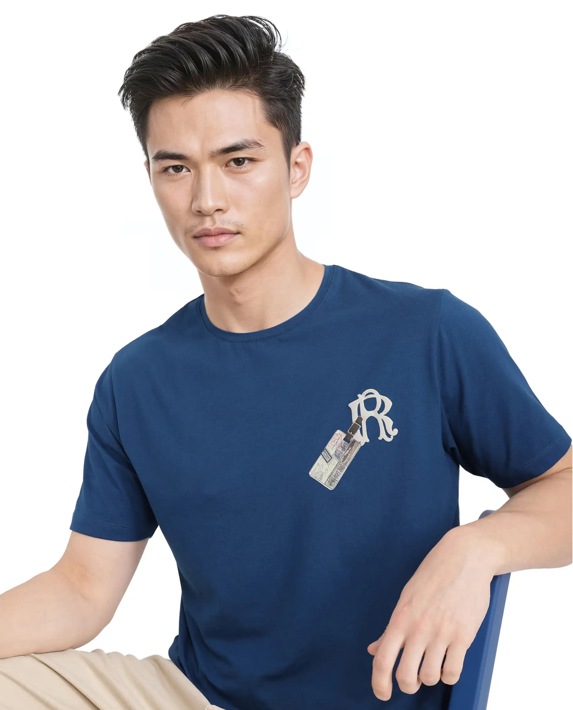 Rare Rabbit Men Reko Teal Cotton Blend Fabric Short Sleeve Crew Neck Multi Technique Pocket Print T-Shirt