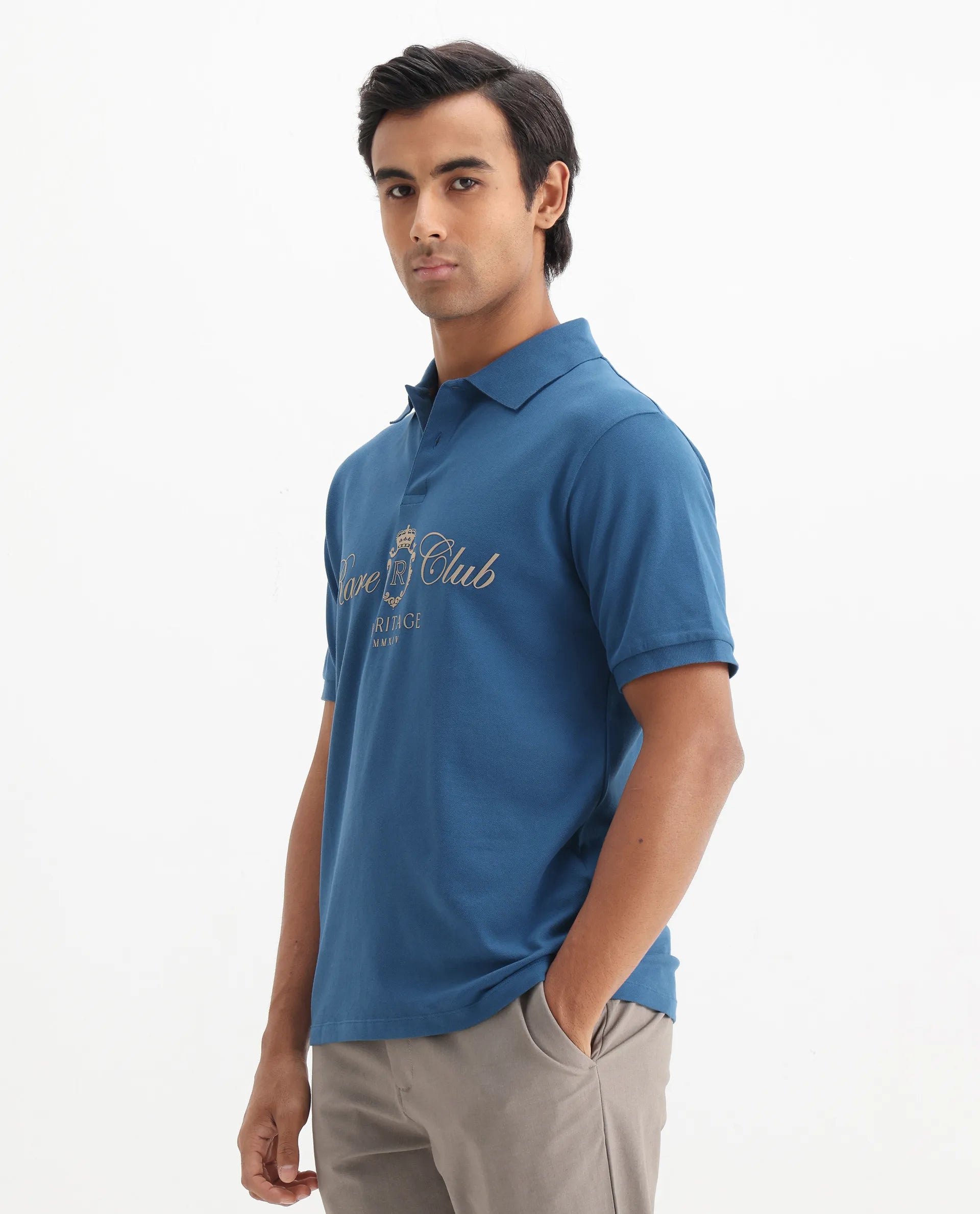 Rare Rabbit Men's Rem Blue Cotton Graphic Print Regular Fit Half Sleeve Polo