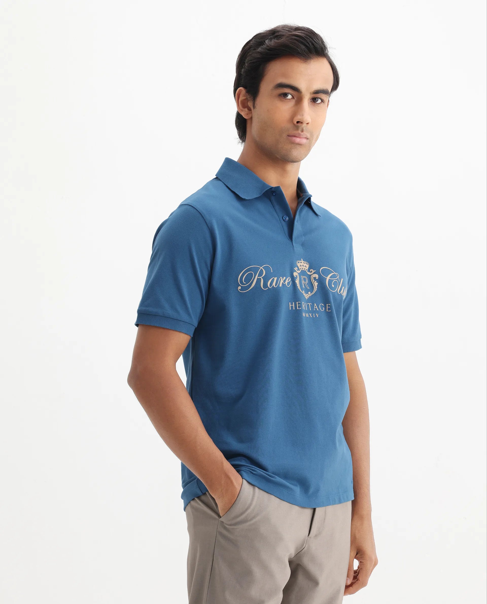 Rare Rabbit Men's Rem Blue Cotton Graphic Print Regular Fit Half Sleeve Polo