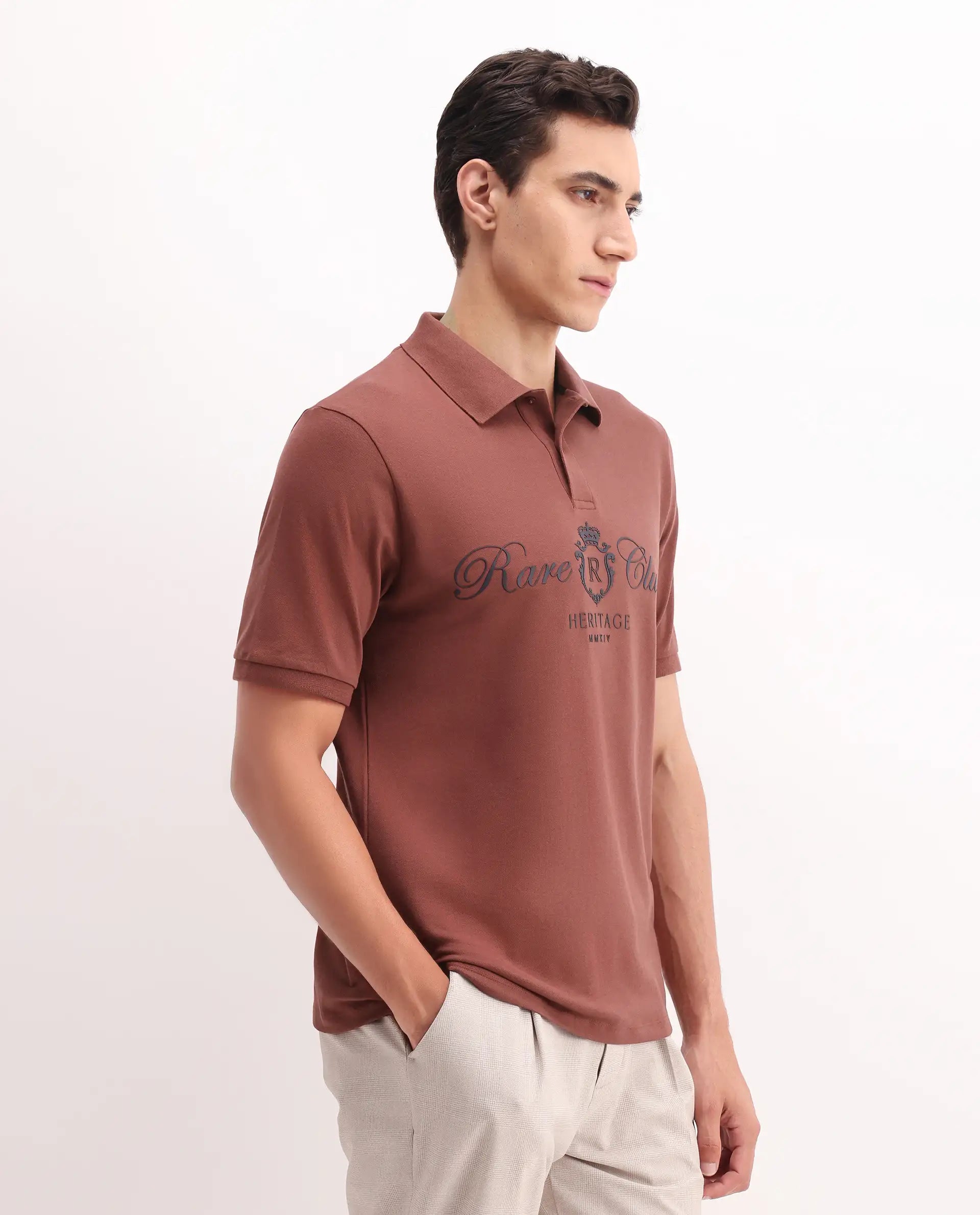 Rare Rabbit Men's Rem Dark Rust Cotton Plain Regular Fit Half Sleeve Polo