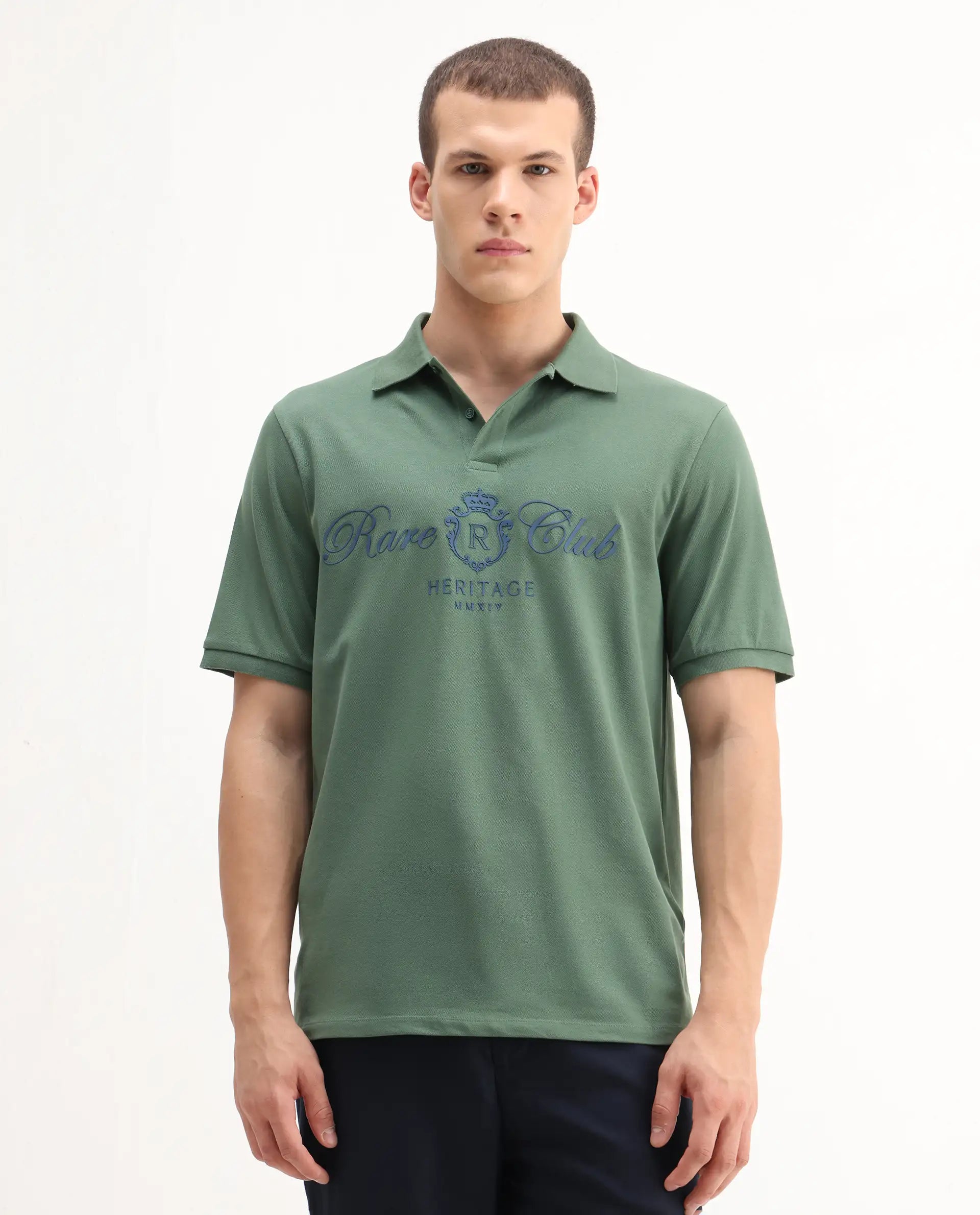 Rare Rabbit Men's Rem Green Cotton Graphic Print Regular Fit Half Sleeve Polo