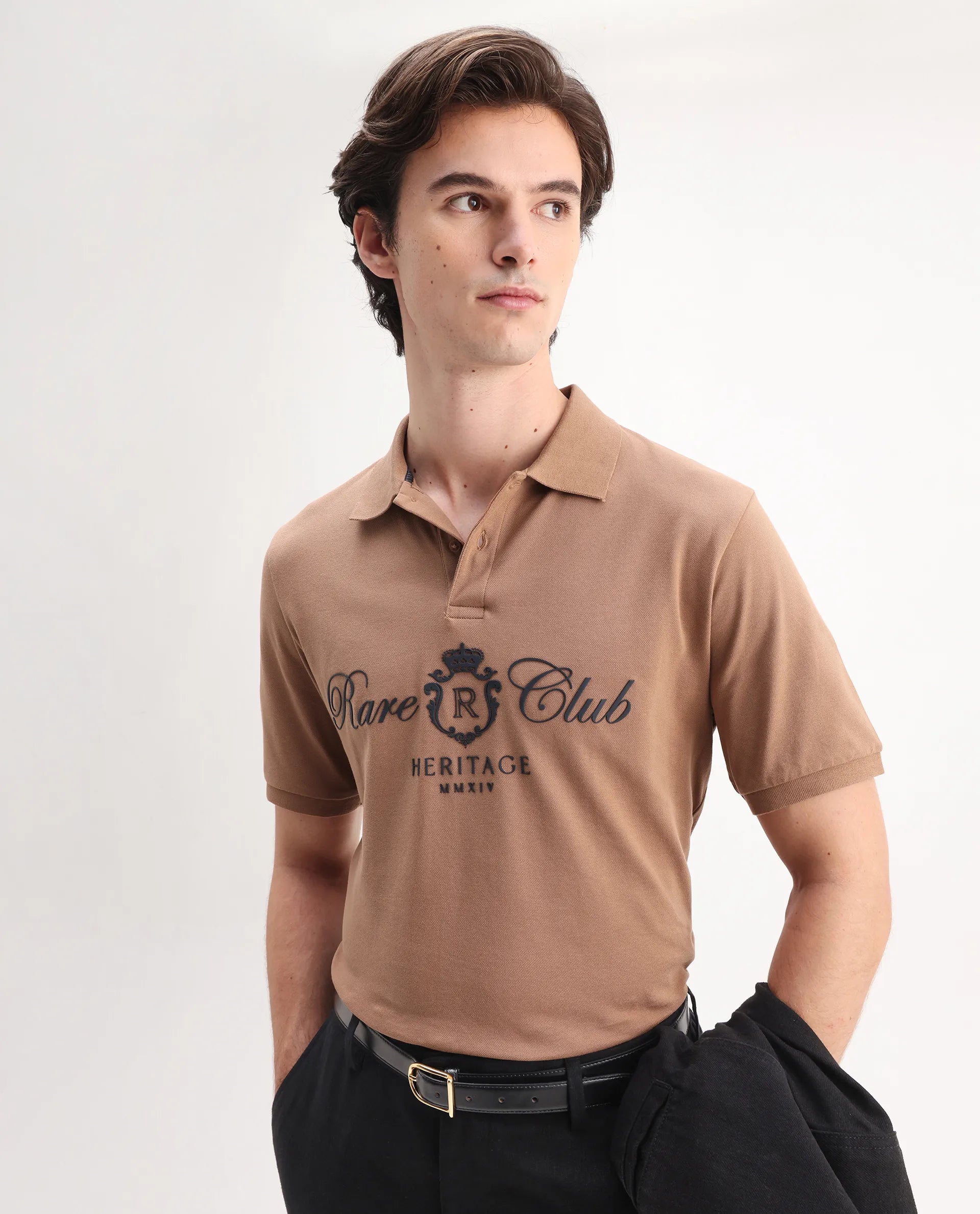 Rare Rabbit Men's Rem Light Brown Cotton Graphic Print Regular Fit Half Sleeve Polo