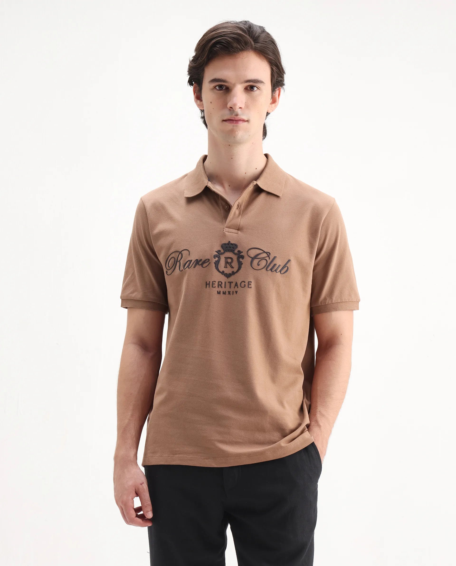 Rare Rabbit Men's Rem Light Brown Cotton Graphic Print Regular Fit Half Sleeve Polo