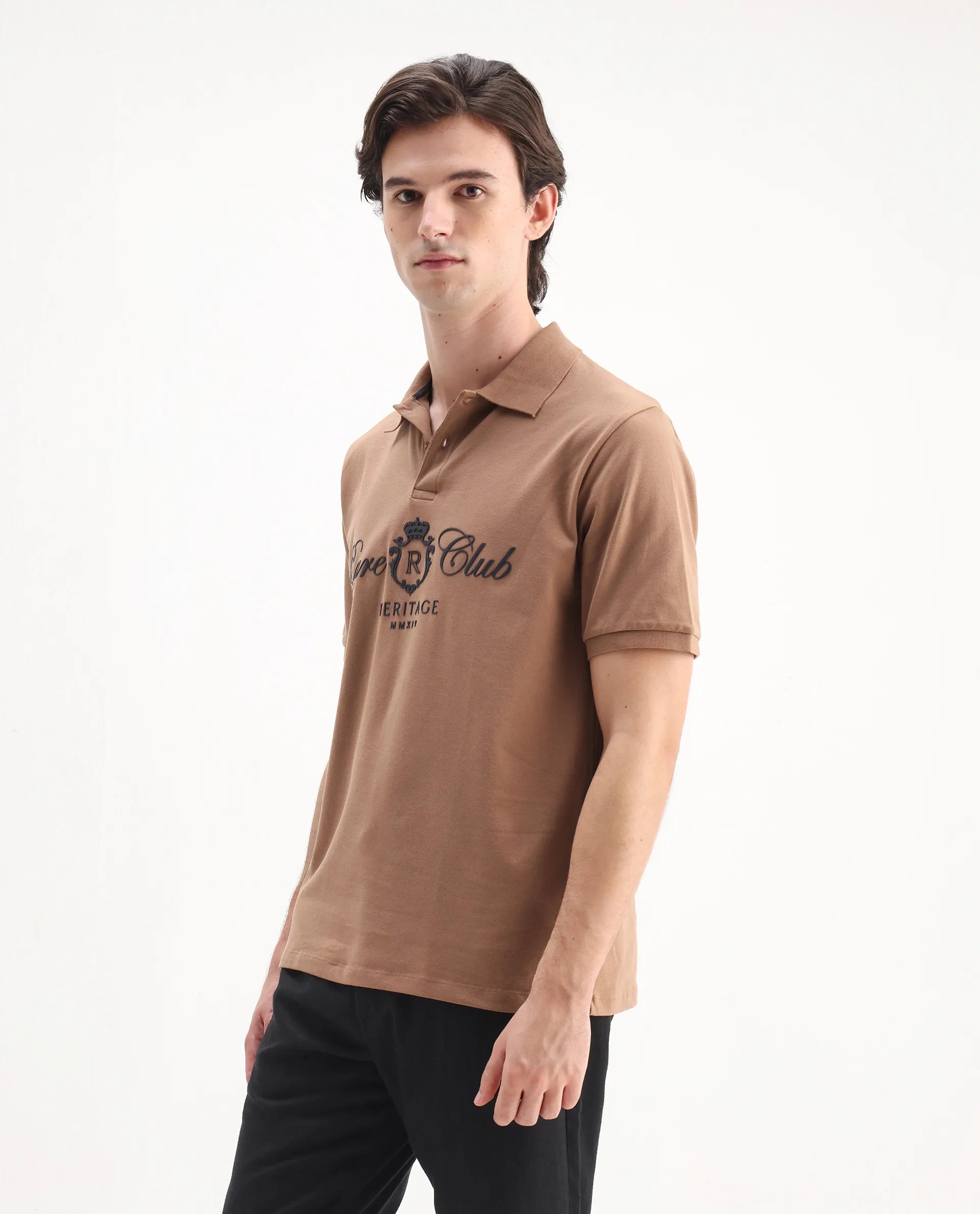 Rare Rabbit Men's Rem Light Brown Cotton Graphic Print Regular Fit Half Sleeve Polo