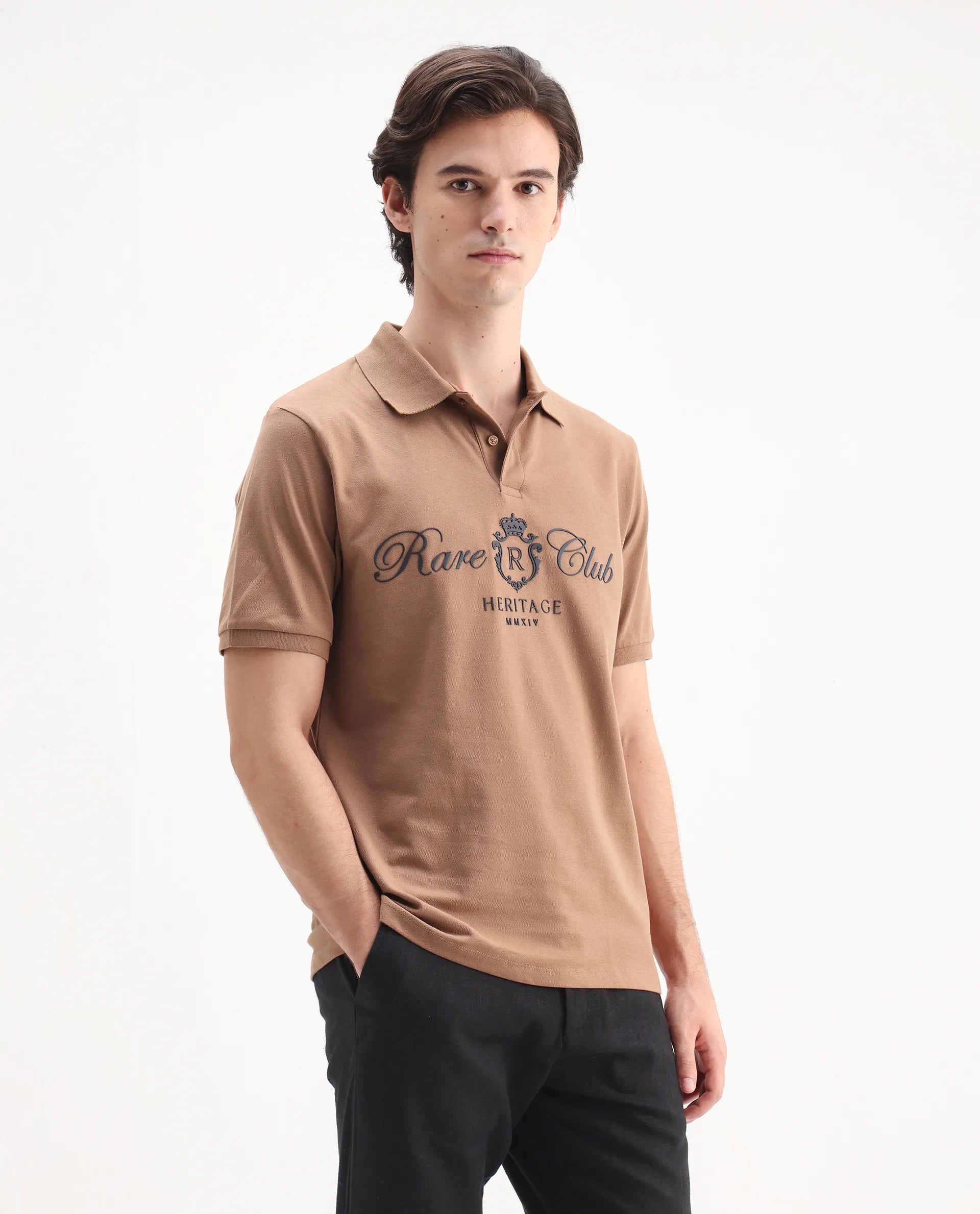 Rare Rabbit Men's Rem Light Brown Cotton Graphic Print Regular Fit Half Sleeve Polo