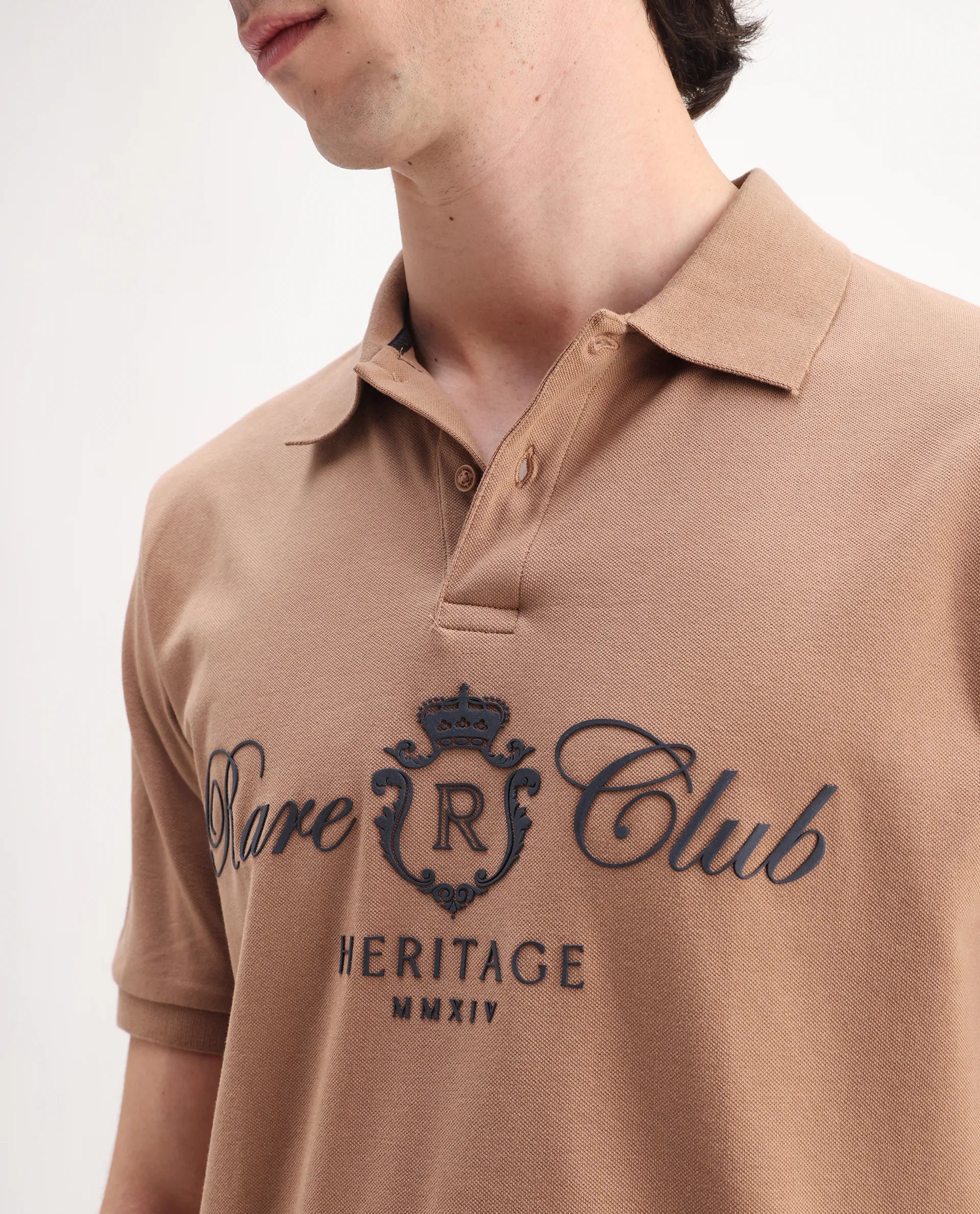 Rare Rabbit Men's Rem Light Brown Cotton Graphic Print Regular Fit Half Sleeve Polo