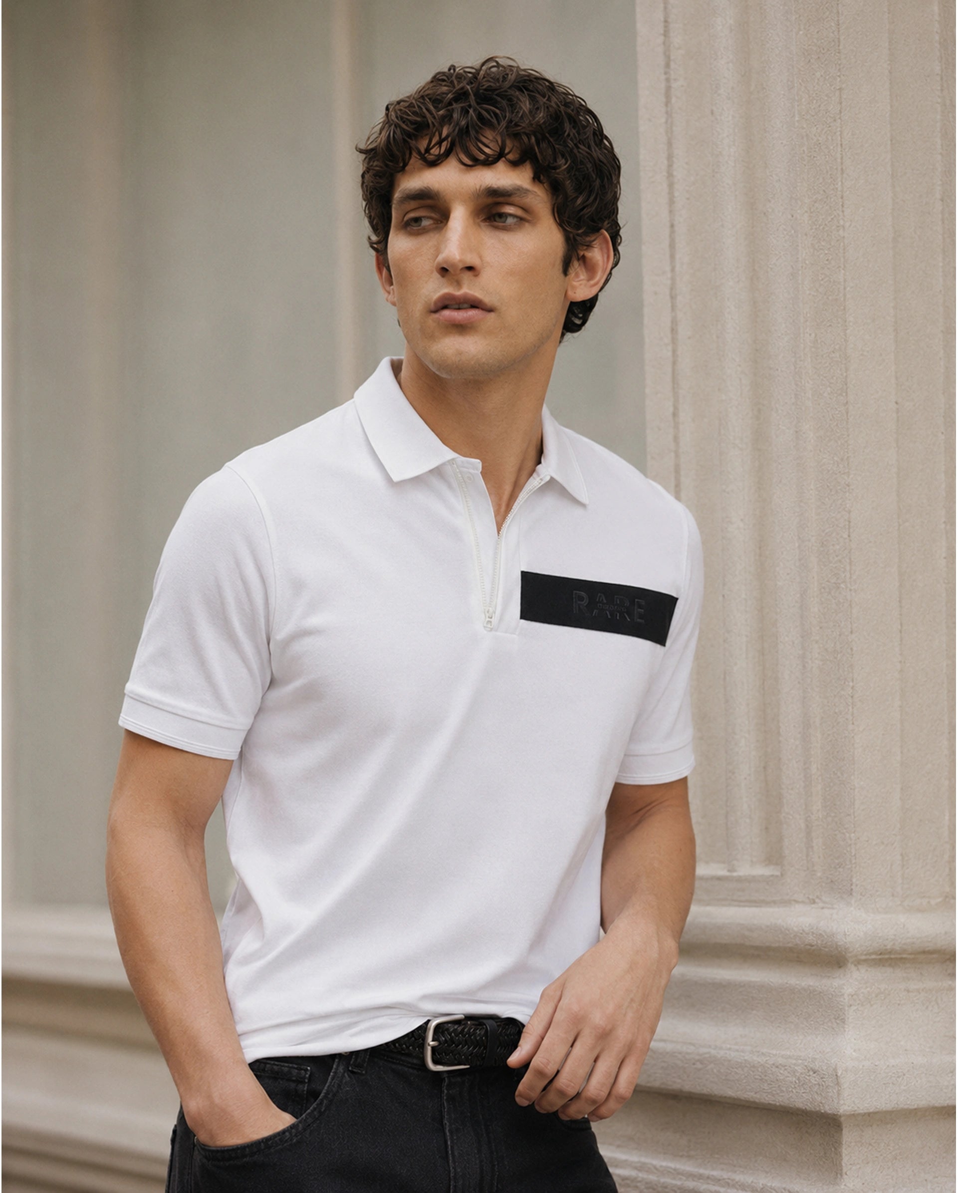 Rare Rabbit Men's Remo-A26 White Cotton Blend Spread Collar Regular Plain Polo