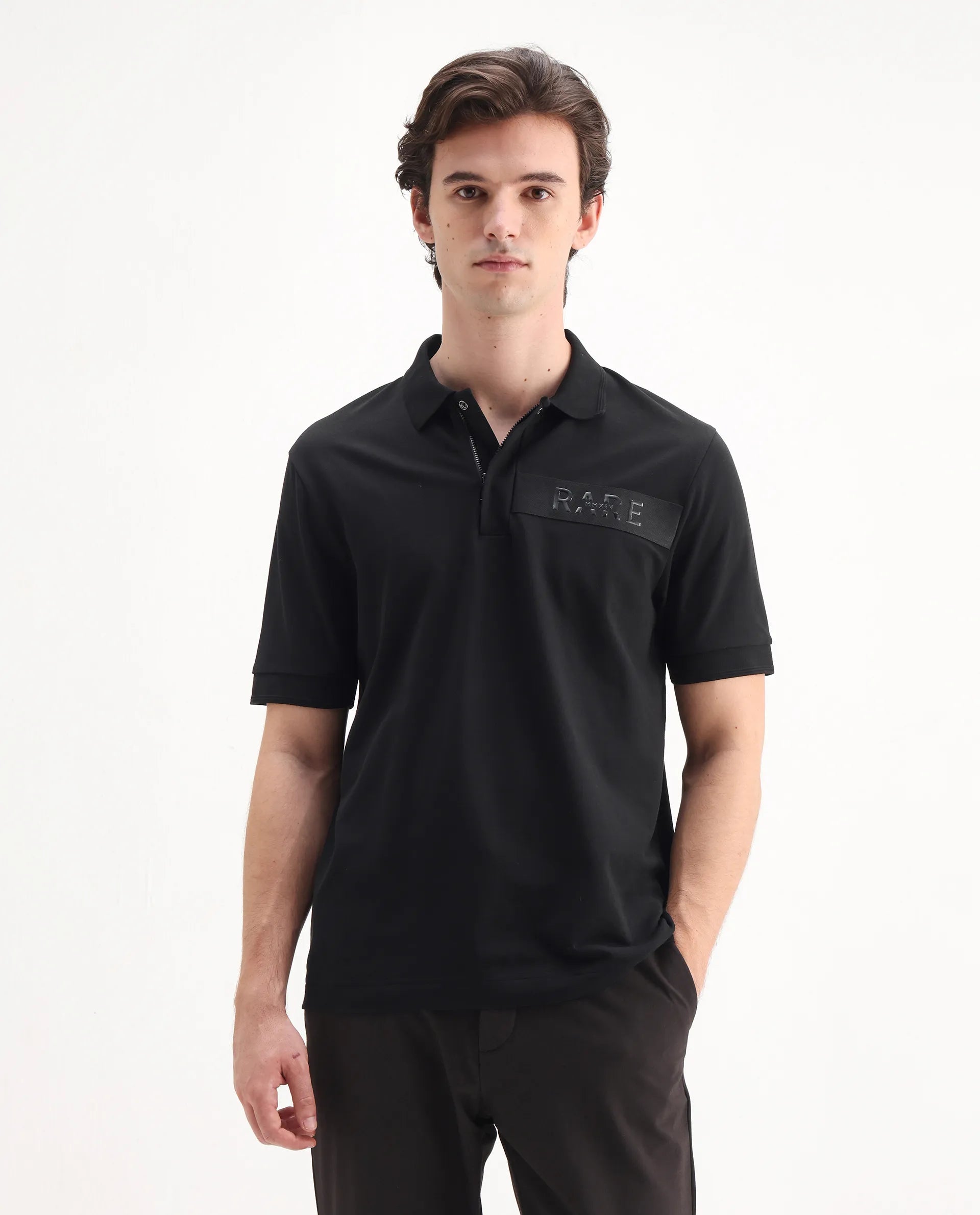 Rare Rabbit Men's Remo Black Cotton Blend Plain Regular Fit Half Sleeve Polo