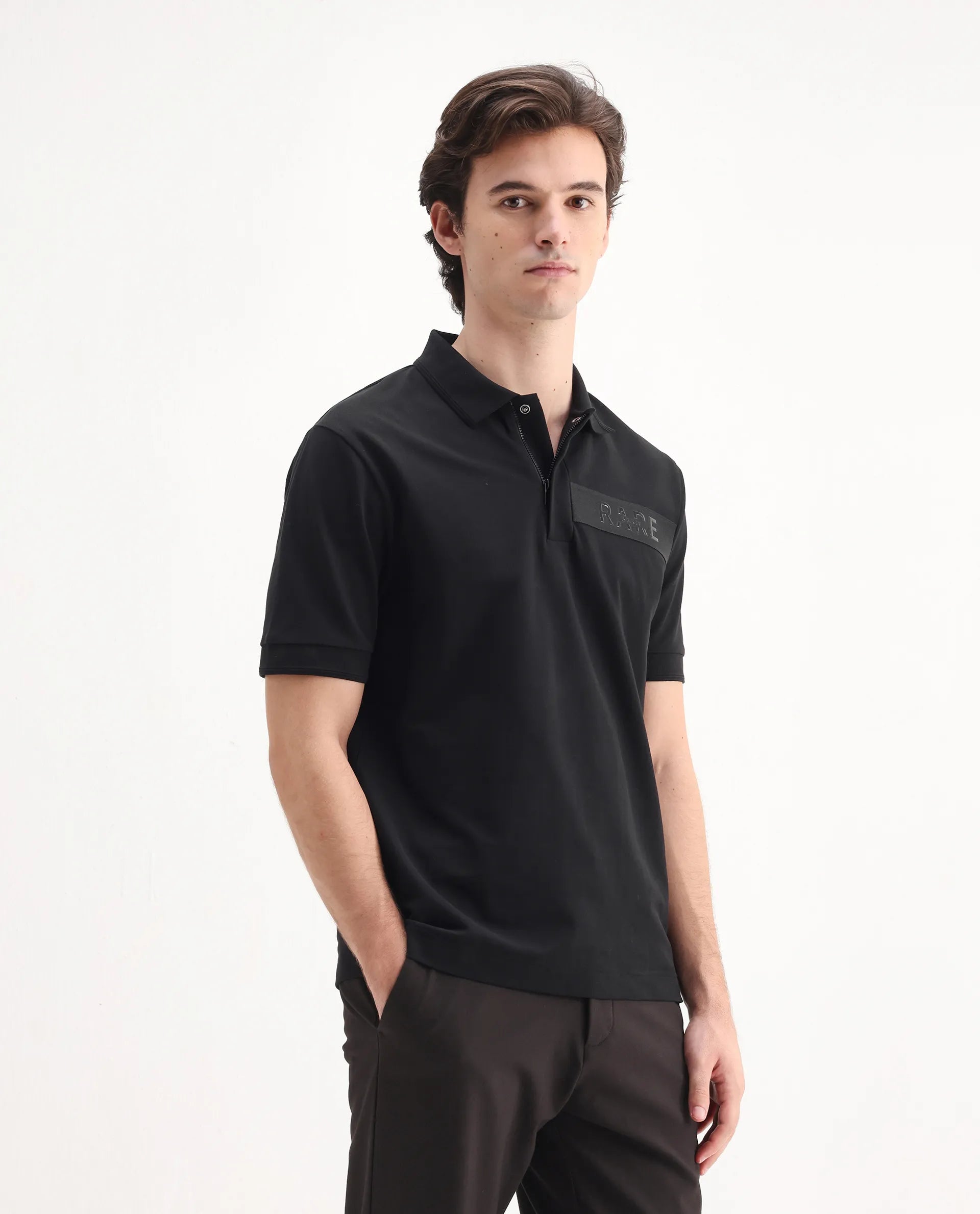 Rare Rabbit Men's Remo Black Cotton Blend Plain Regular Fit Half Sleeve Polo