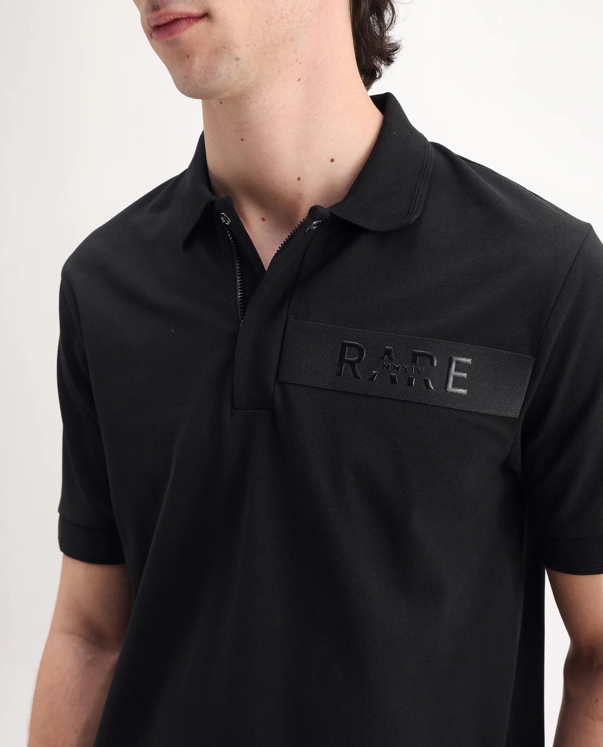 Rare Rabbit Men's Remo Black Cotton Blend Plain Regular Fit Half Sleeve Polo