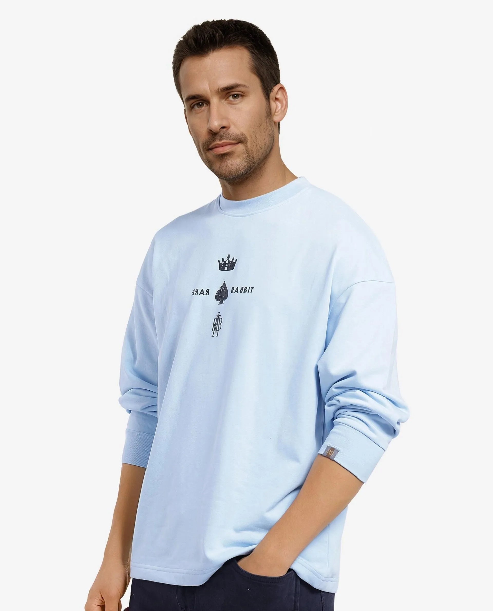 Rare Rabbit Men Remor Light Blue Cotton Polyester Fabric Full Sleeve Crew Neck Regular Fit Printed Sweatshirt