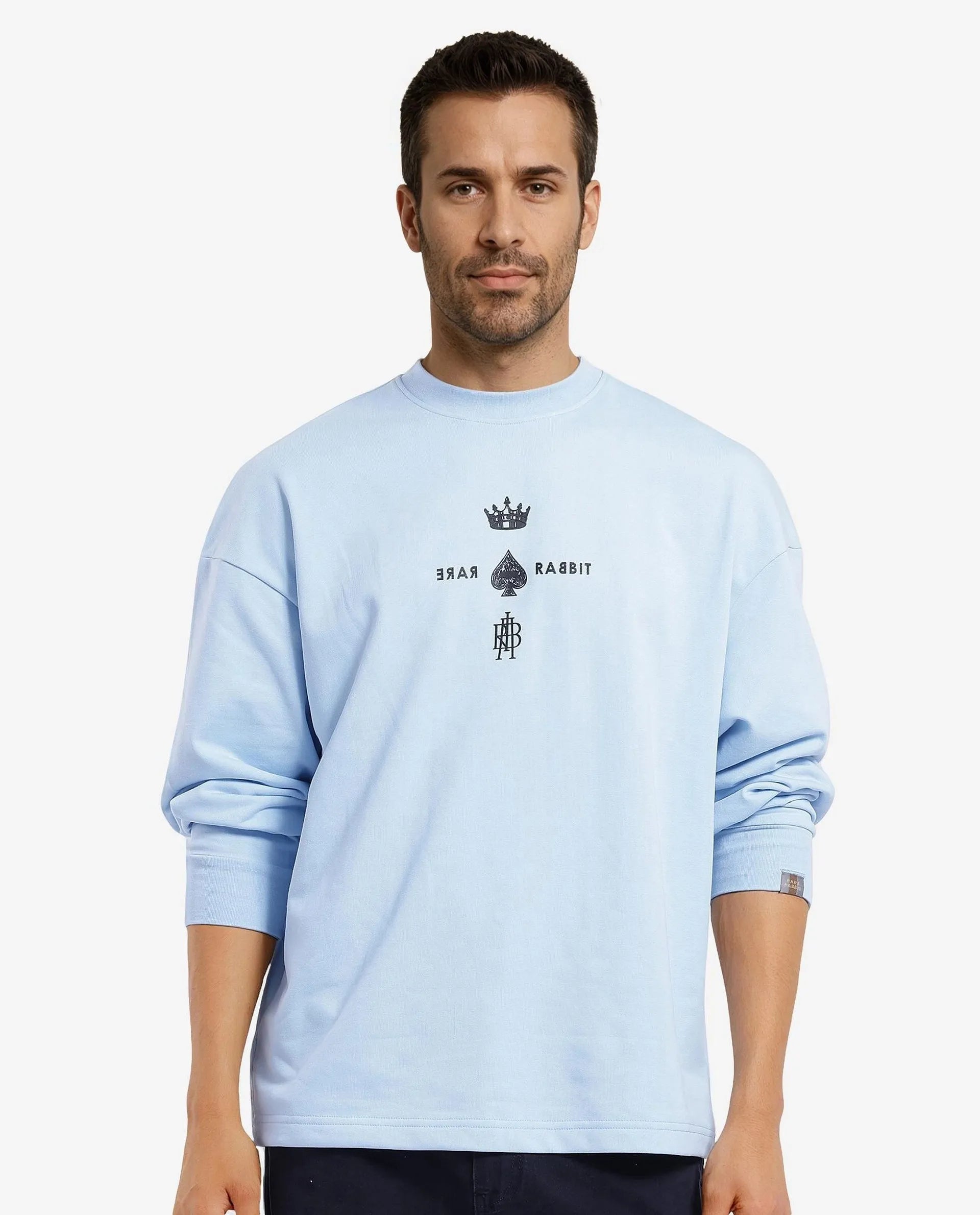 Rare Rabbit Men Remor Light Blue Cotton Polyester Fabric Full Sleeve Crew Neck Regular Fit Printed Sweatshirt