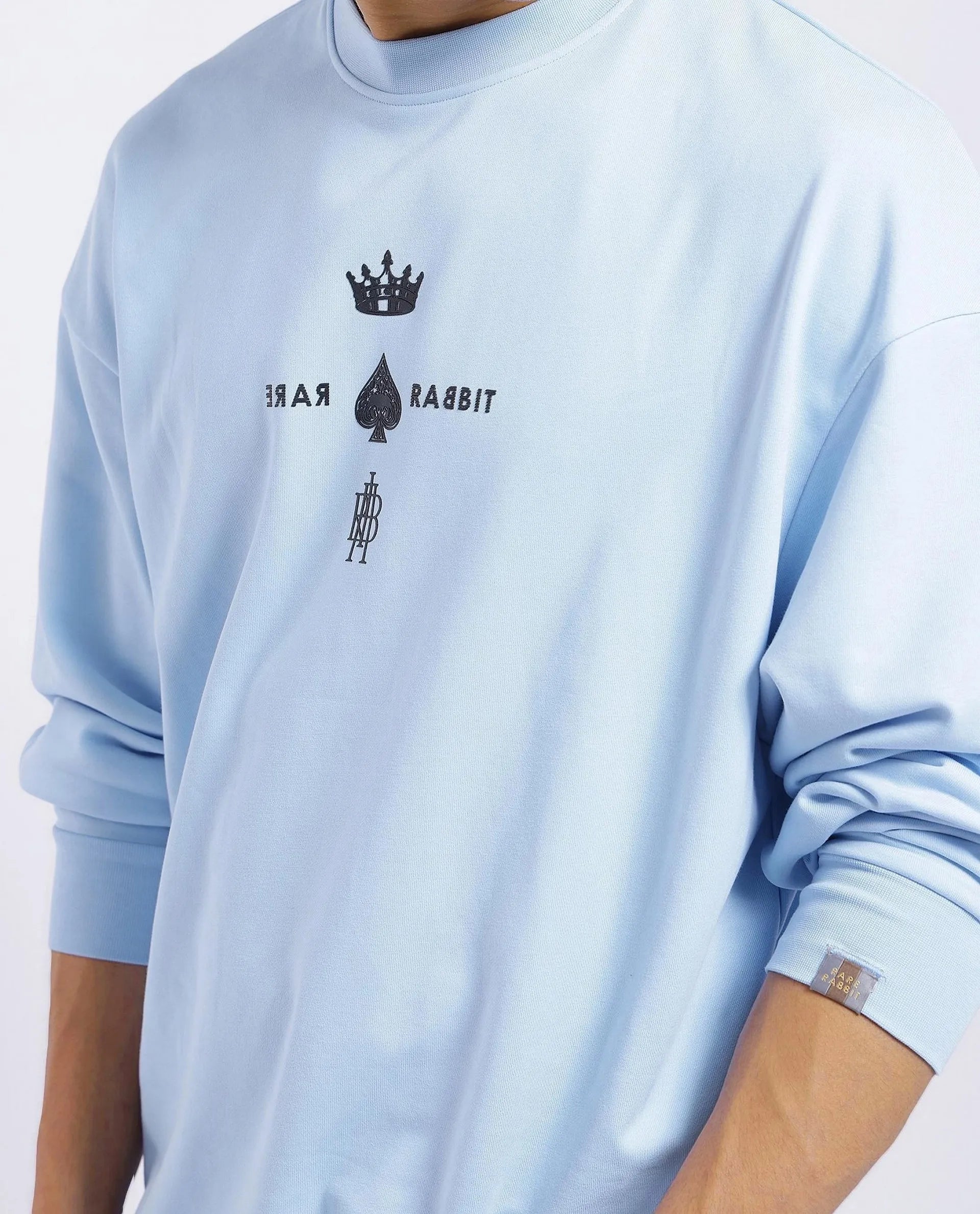 Rare Rabbit Men Remor Light Blue Cotton Polyester Fabric Full Sleeve Crew Neck Regular Fit Printed Sweatshirt