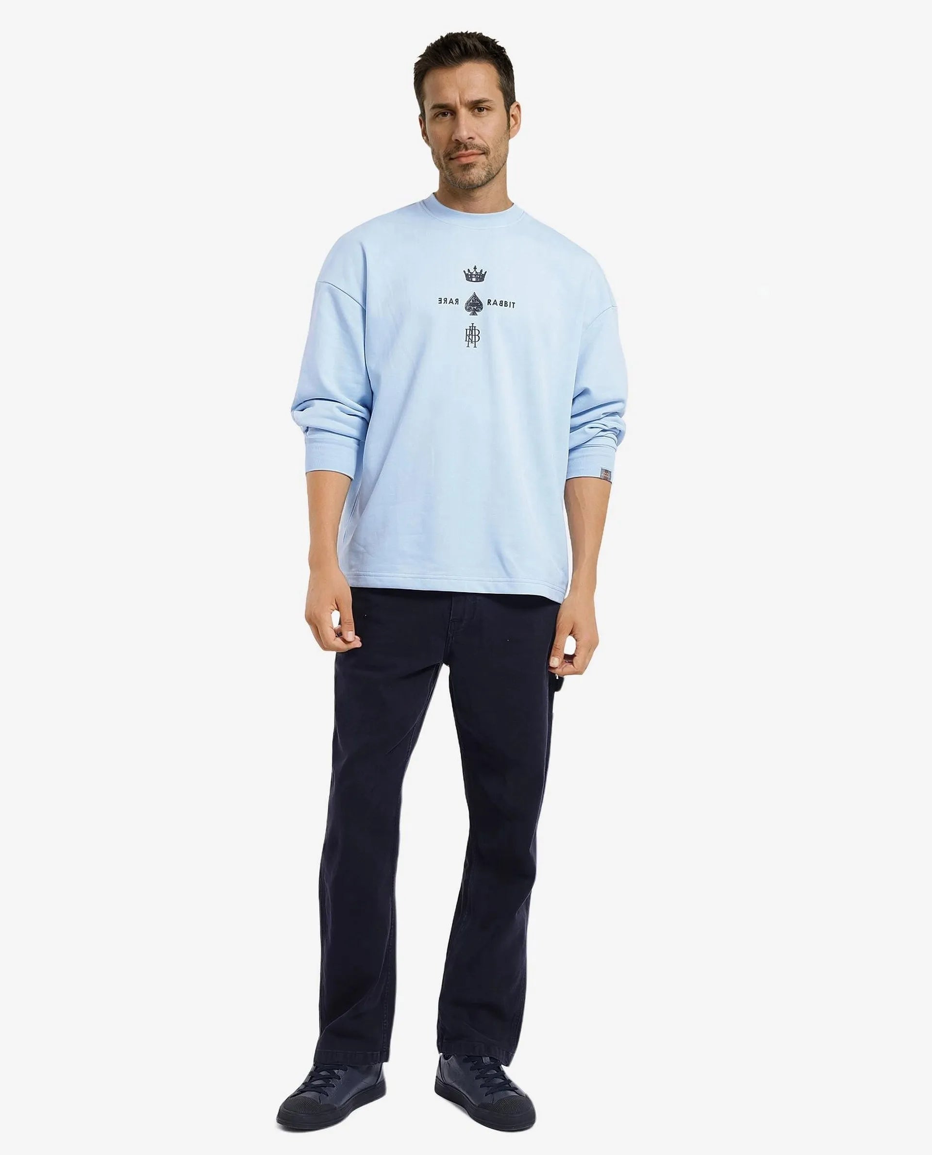 Rare Rabbit Men Remor Light Blue Cotton Polyester Fabric Full Sleeve Crew Neck Regular Fit Printed Sweatshirt