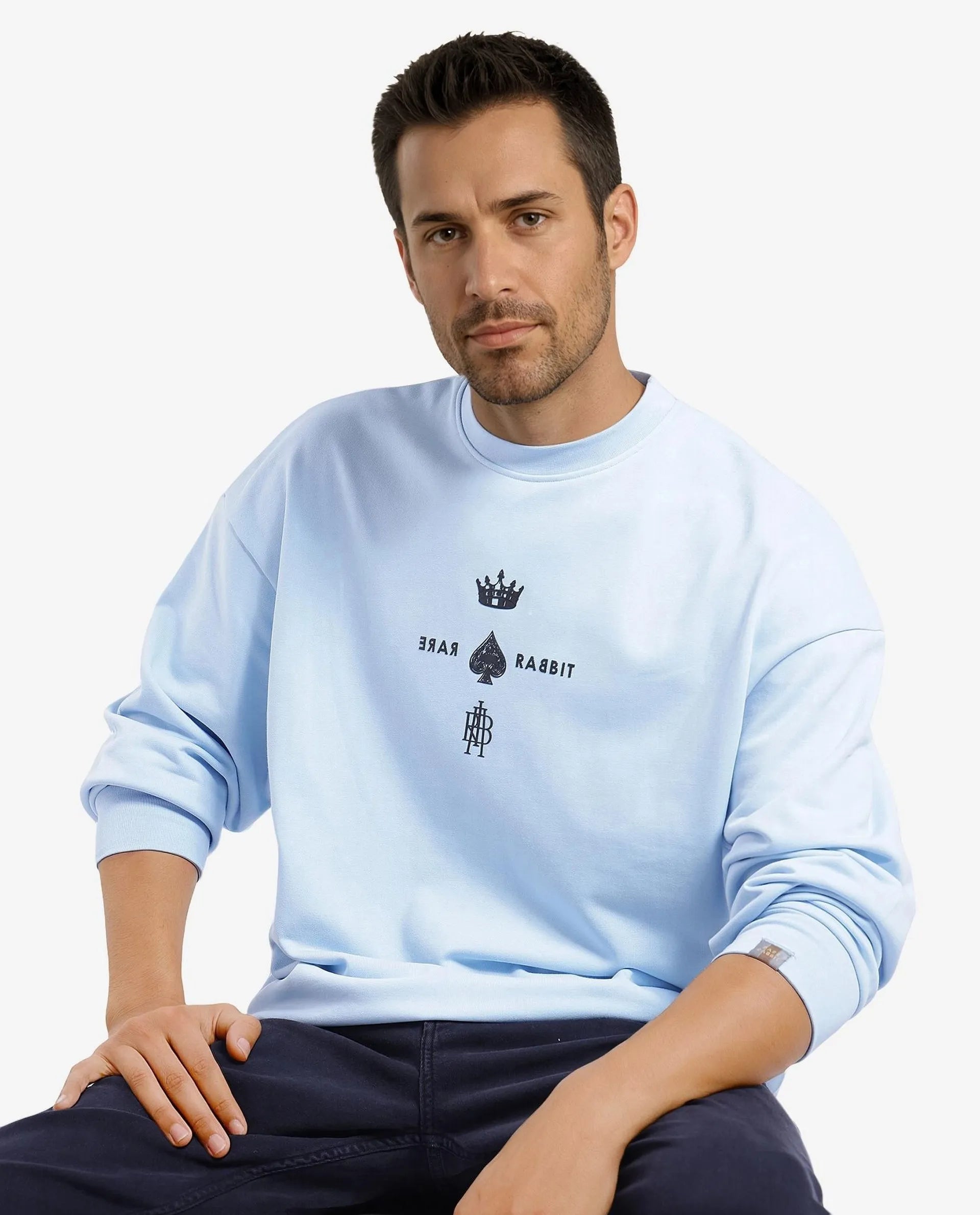 Rare Rabbit Men Remor Light Blue Cotton Polyester Fabric Full Sleeve Crew Neck Regular Fit Printed Sweatshirt