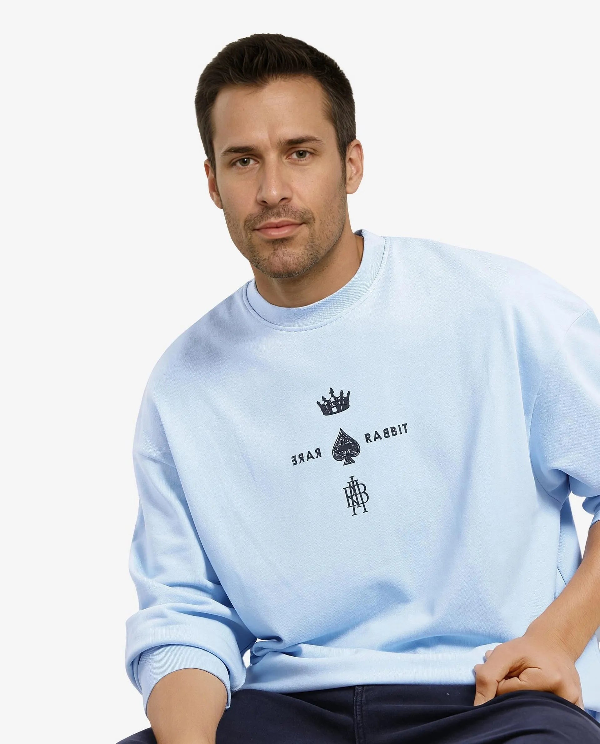 Rare Rabbit Men Remor Light Blue Cotton Polyester Fabric Full Sleeve Crew Neck Regular Fit Printed Sweatshirt