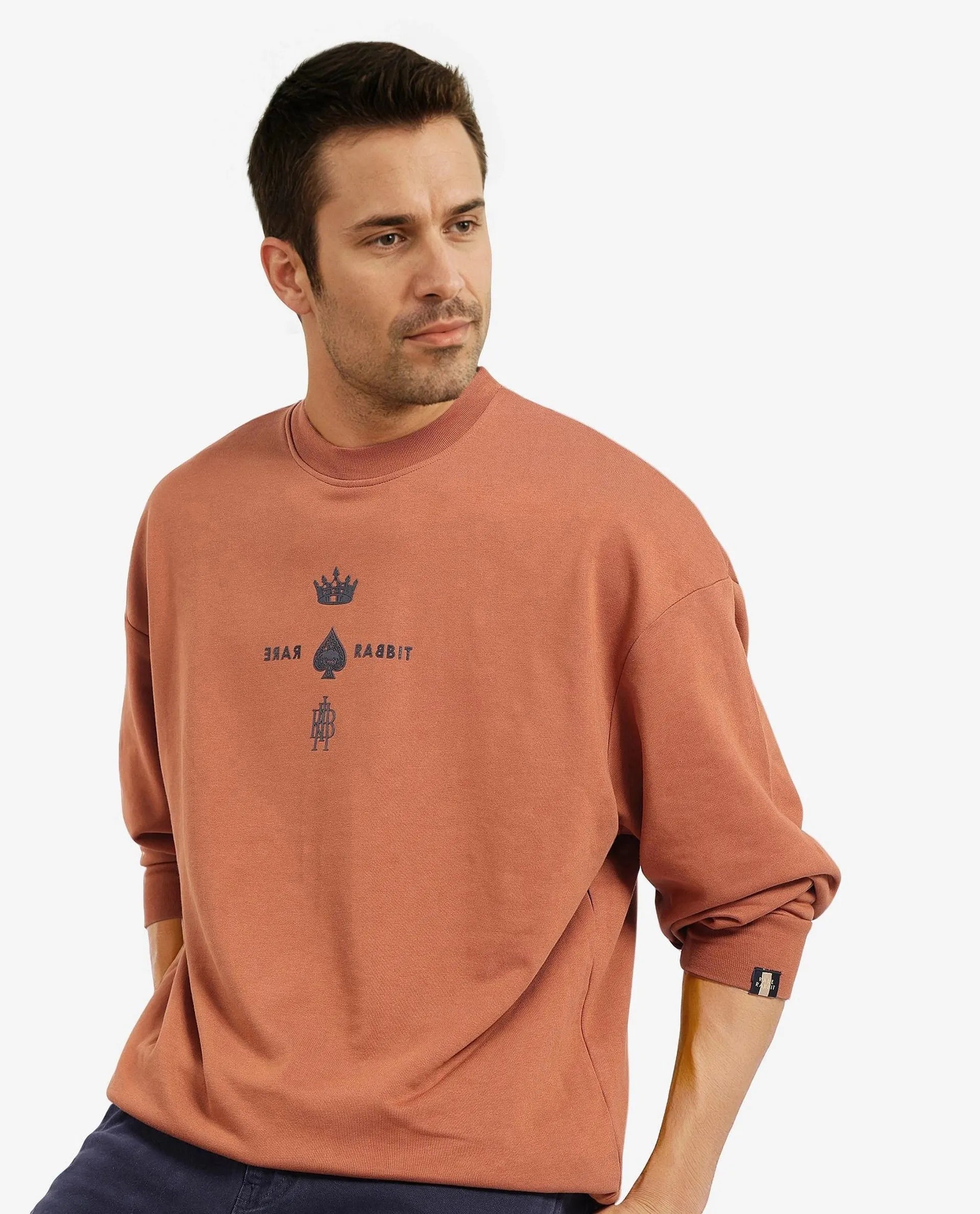 Rare Rabbit Men Remor Rust Cotton Polyester Fabric Full Sleeve Crew Neck Regular Fit Printed Sweatshirt