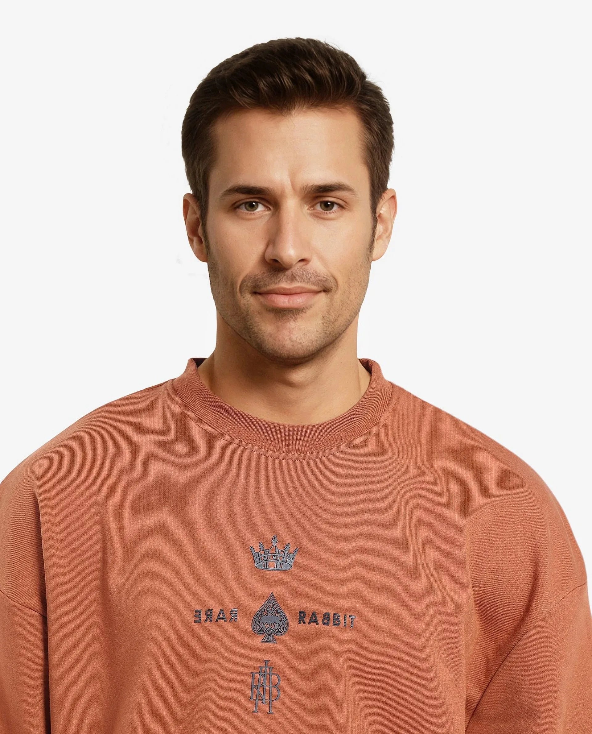 Rare Rabbit Men Remor Rust Cotton Polyester Fabric Full Sleeve Crew Neck Regular Fit Printed Sweatshirt