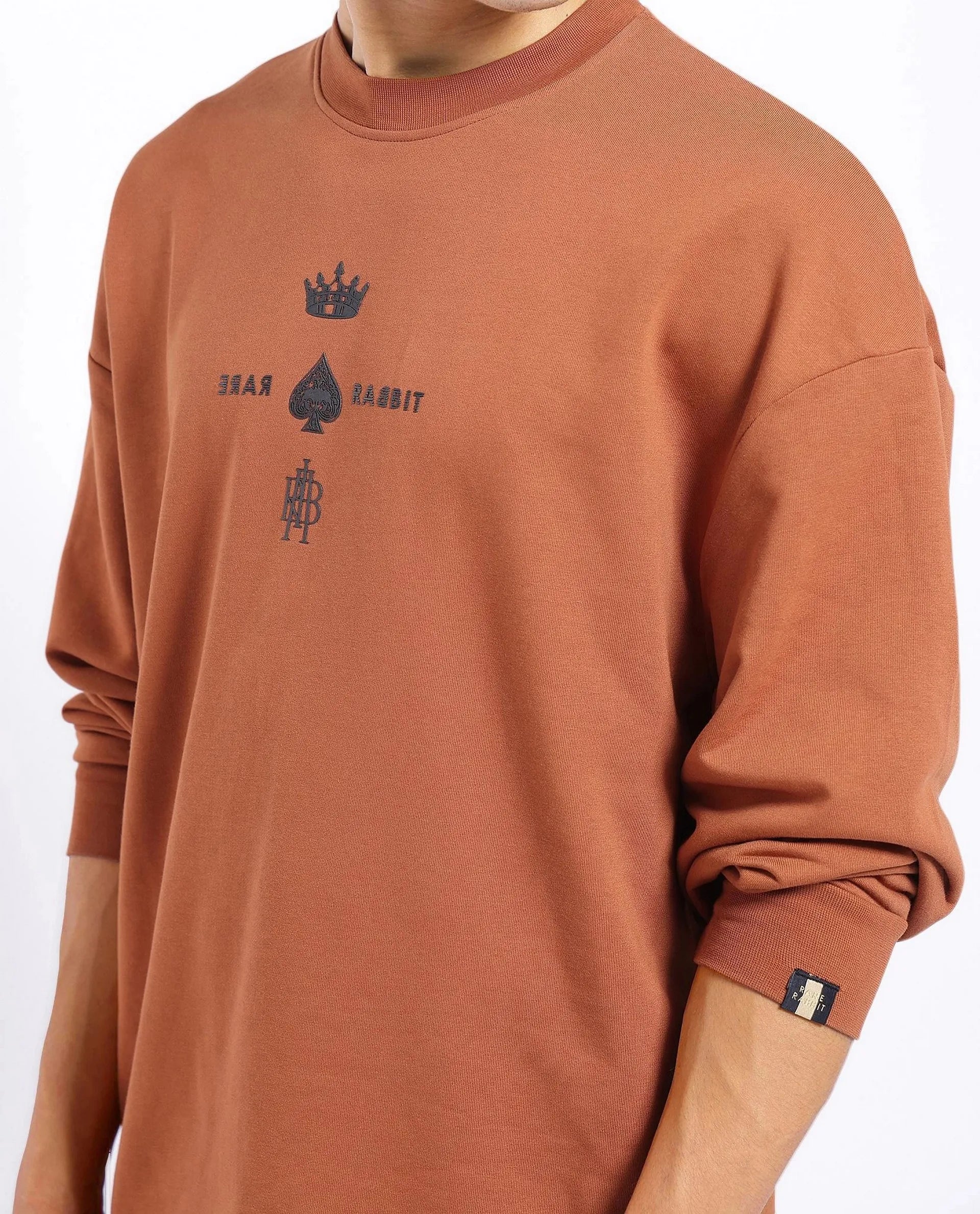 Rare Rabbit Men Remor Rust Cotton Polyester Fabric Full Sleeve Crew Neck Regular Fit Printed Sweatshirt