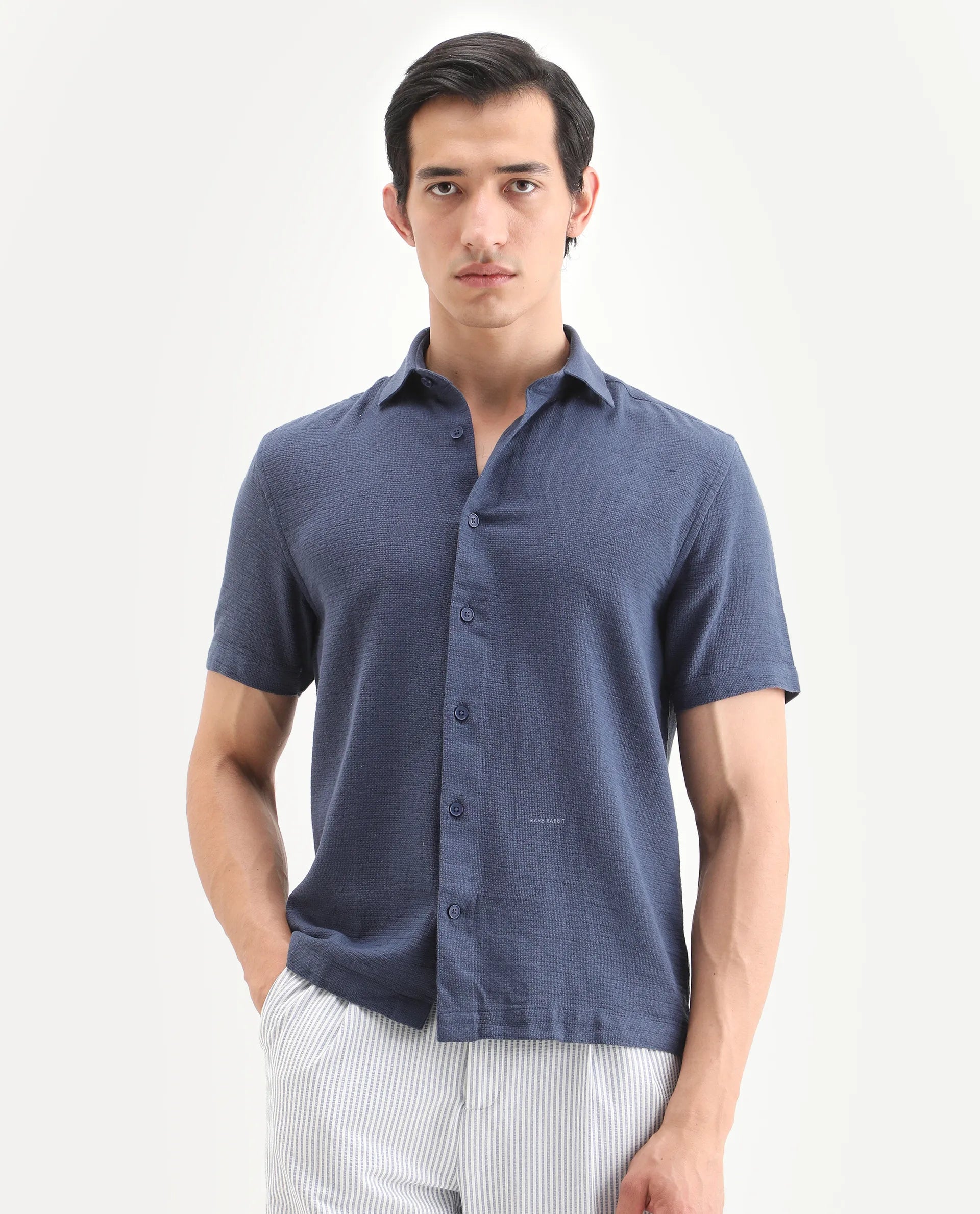 Rare Rabbit Men's Rends Dark Blue Cotton Fabric Half Sleeve Spread Collar Regular Fit Textured Shirt