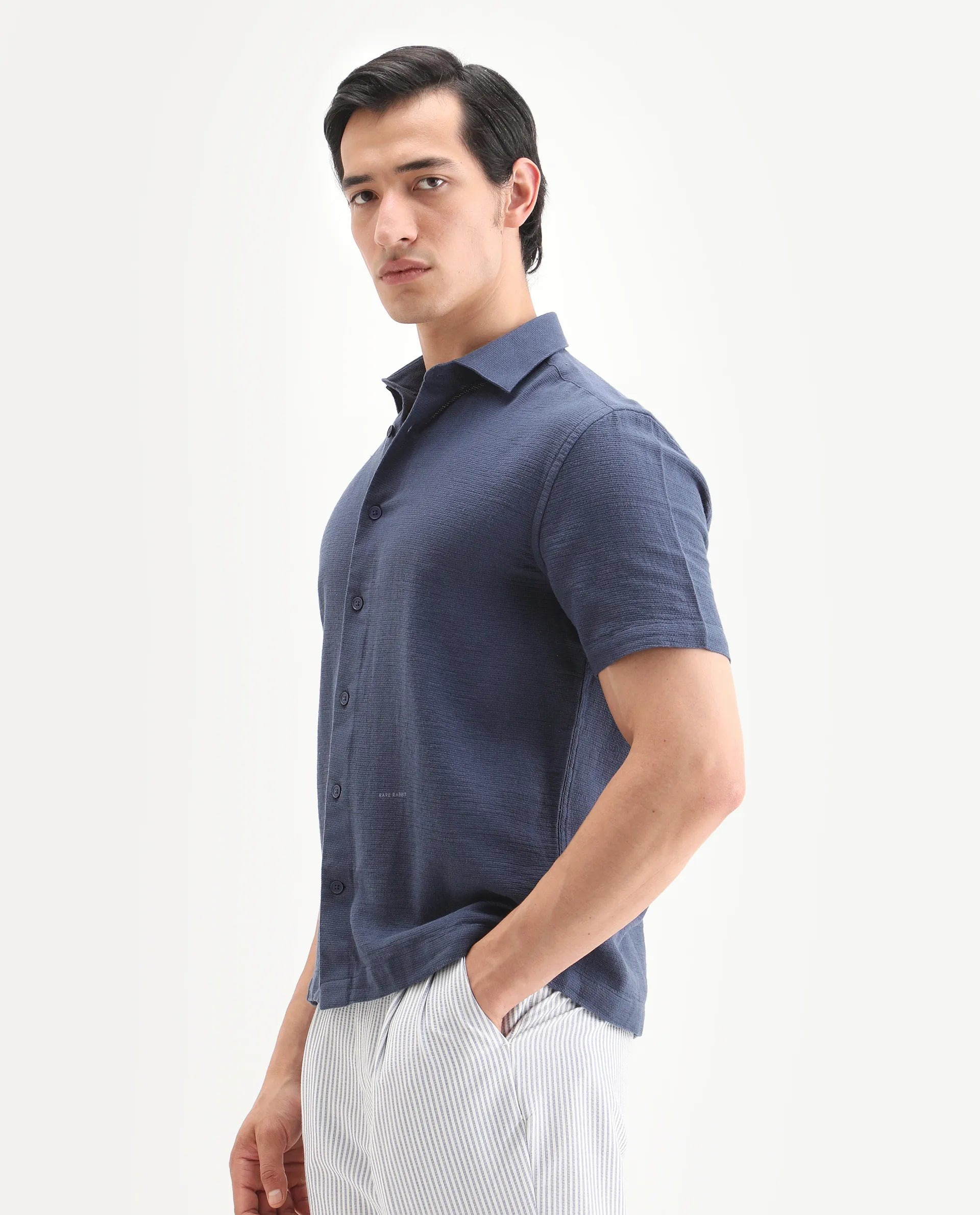 Rare Rabbit Men's Rends Dark Blue Cotton Fabric Half Sleeve Spread Collar Regular Fit Textured Shirt