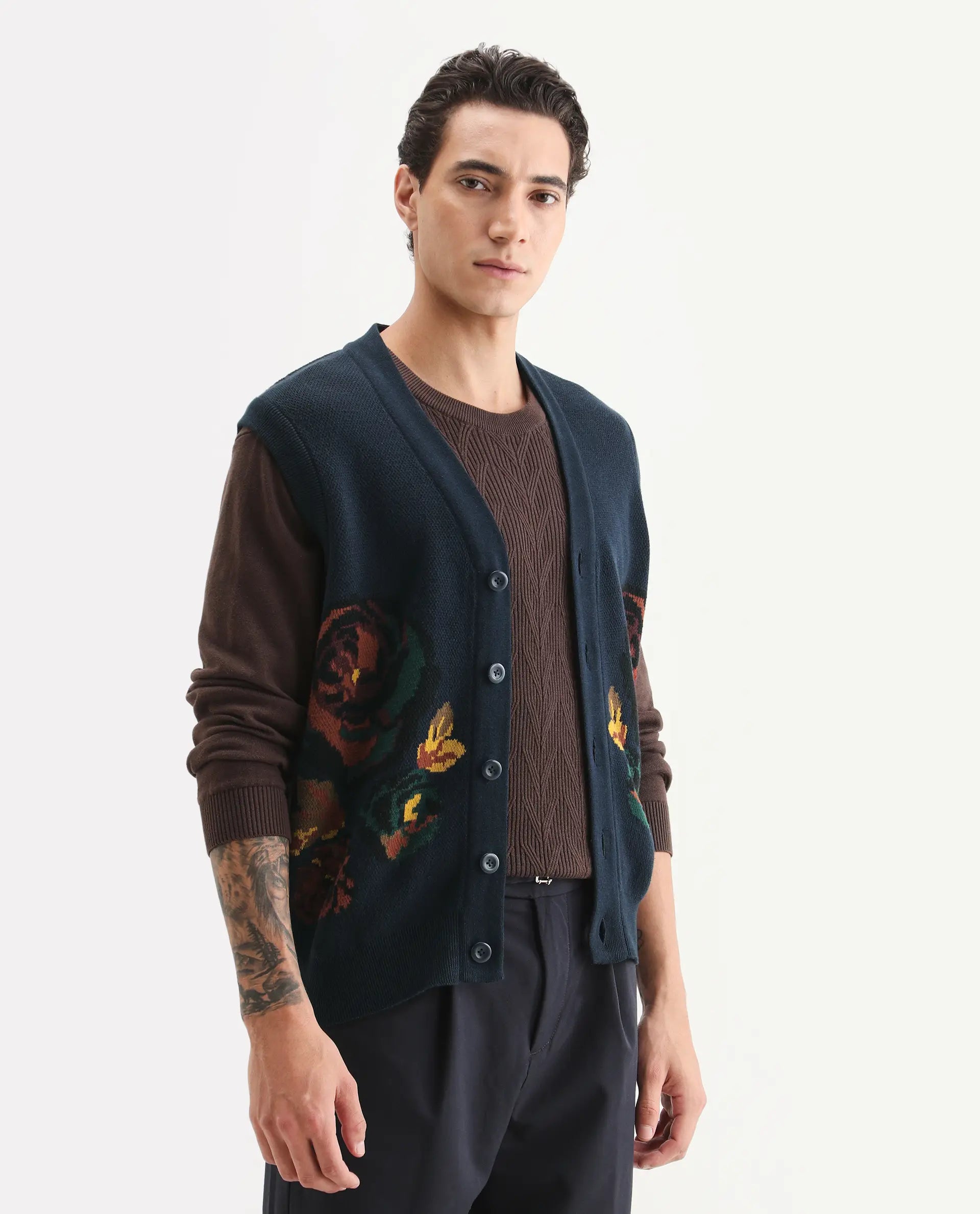 Rare Rabbit Men's Rene Dark Navy Cotton Fabric Sleeveless V-Neck Embroidered Sweater