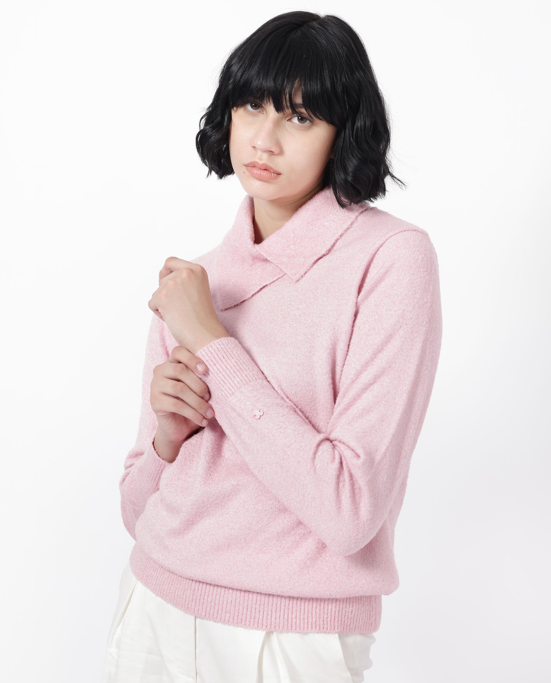 Rareism Women Reni Pink Acrylic Fabric Full Sleeves Over Lap Regular Fit Plain Sweater