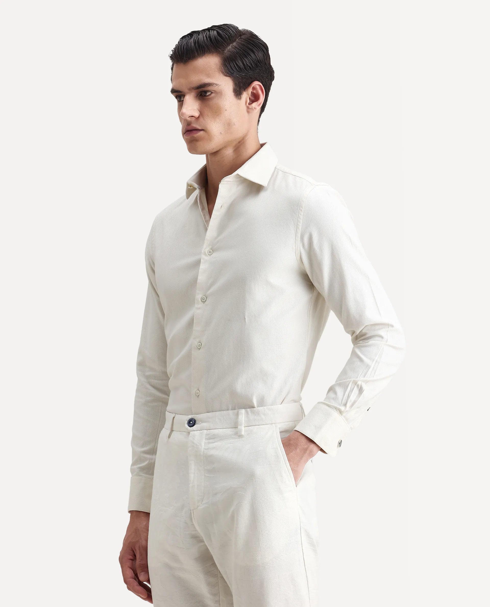 Rare Rabbit Men's Renil Off White Cotton Plain Regular Fit Full Sleeve Collared Shirt