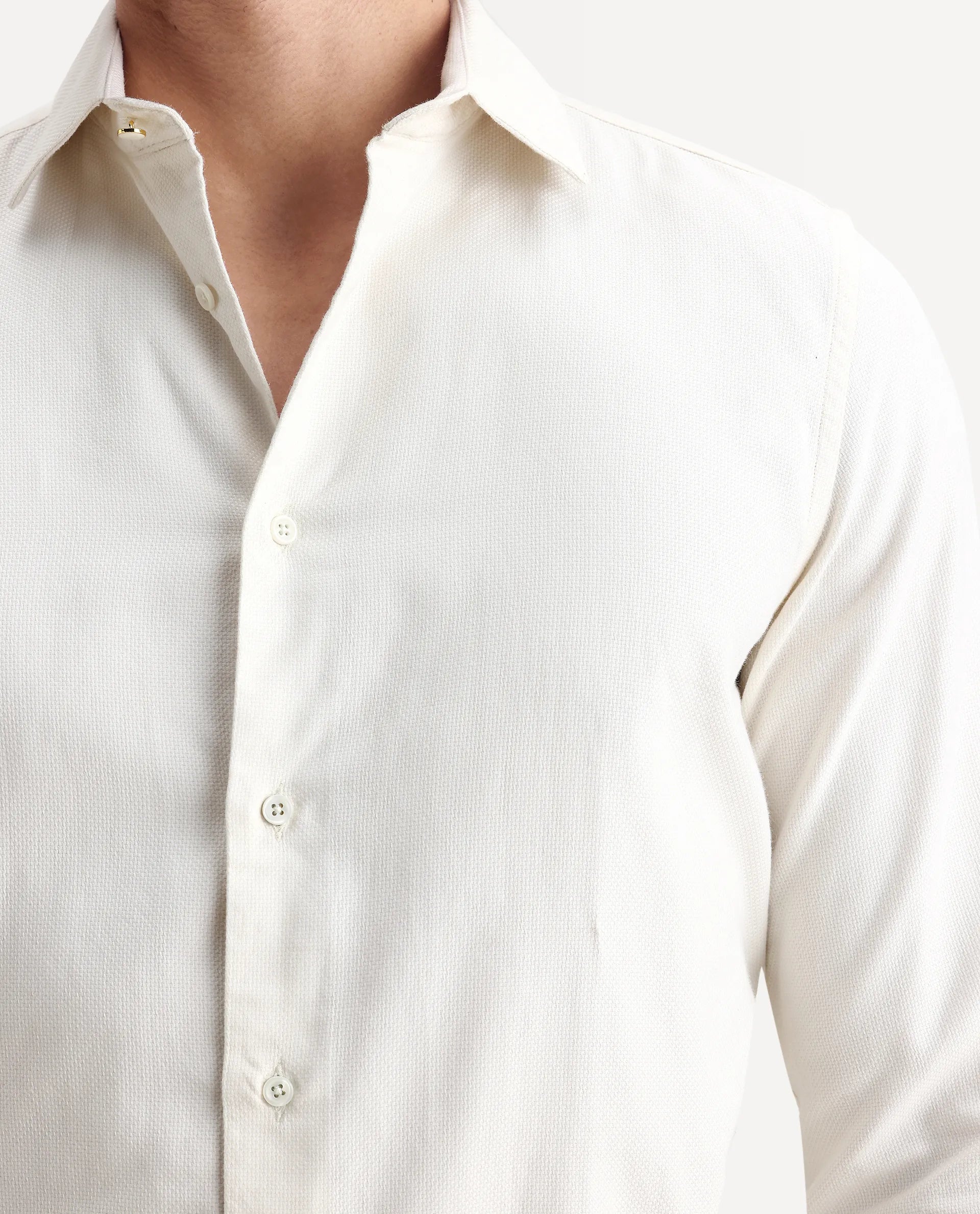 Rare Rabbit Men's Renil Off White Cotton Plain Regular Fit Full Sleeve Collared Shirt