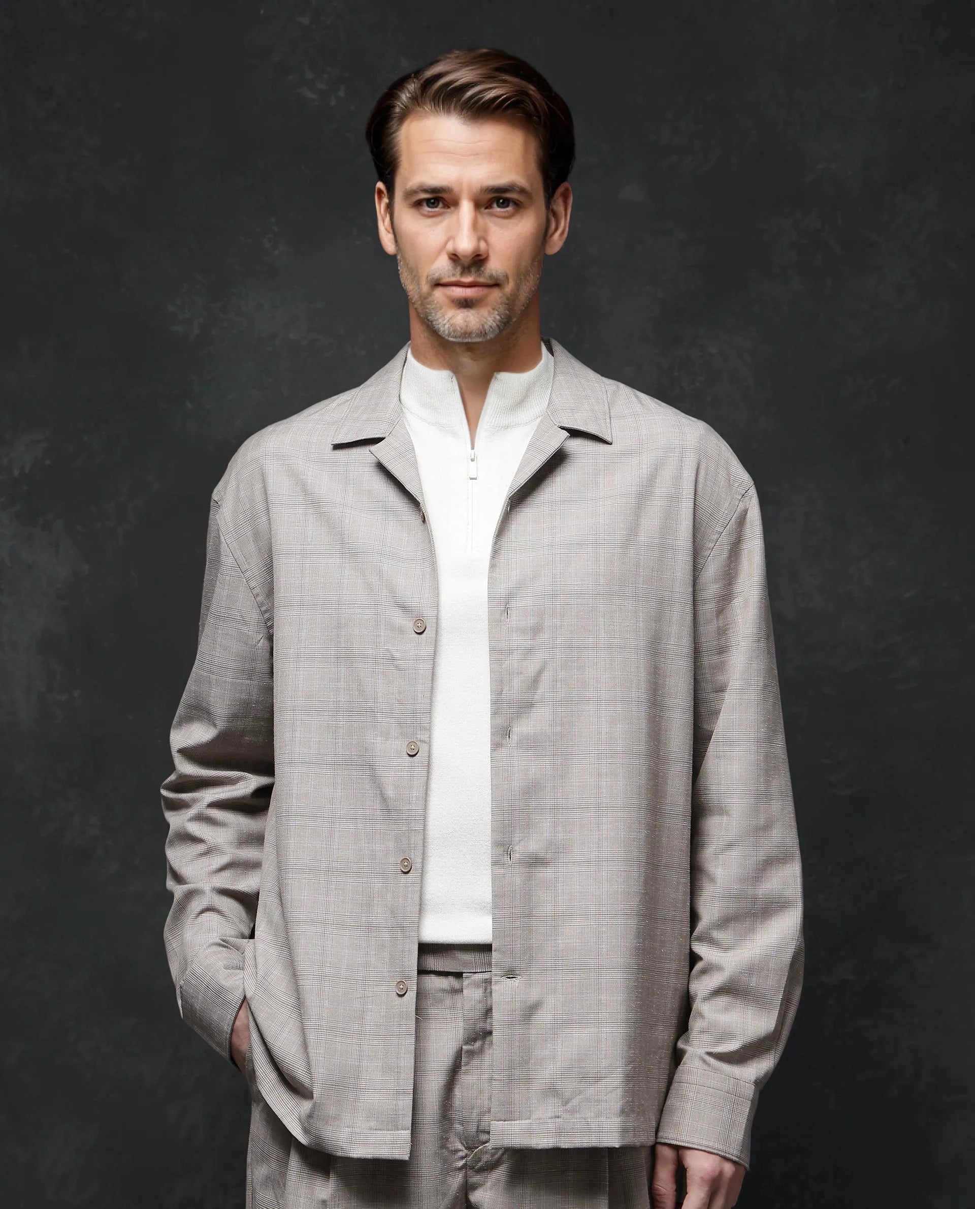 Rare Rabbit Men Reno Beige Cotton Blend Fabric Full Sleeve Cuban Collared Button Closure Regular Fit Checks Premium Casual Shirt