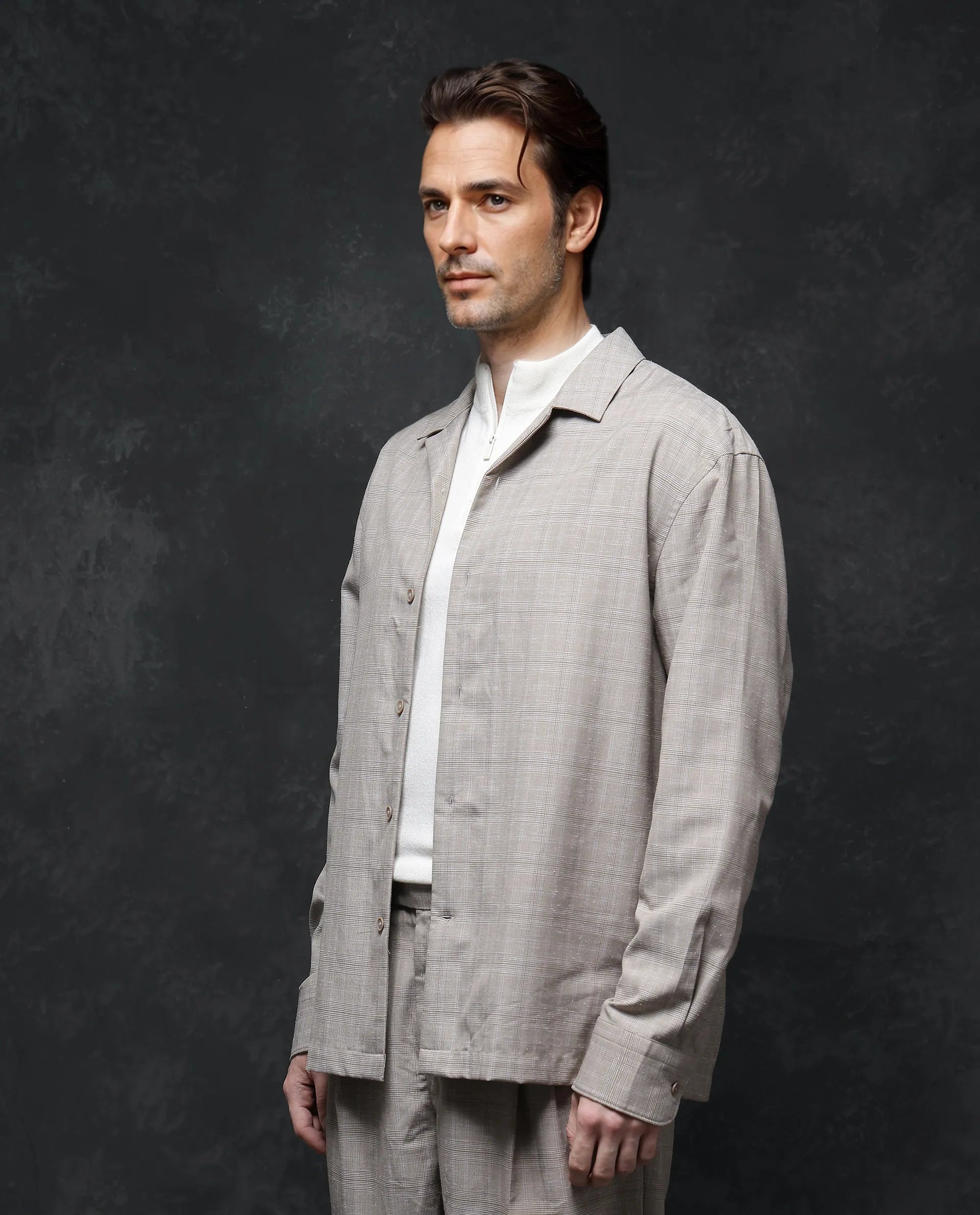 Rare Rabbit Men Reno Beige Cotton Blend Fabric Full Sleeve Cuban Collared Button Closure Regular Fit Checks Premium Casual Shirt