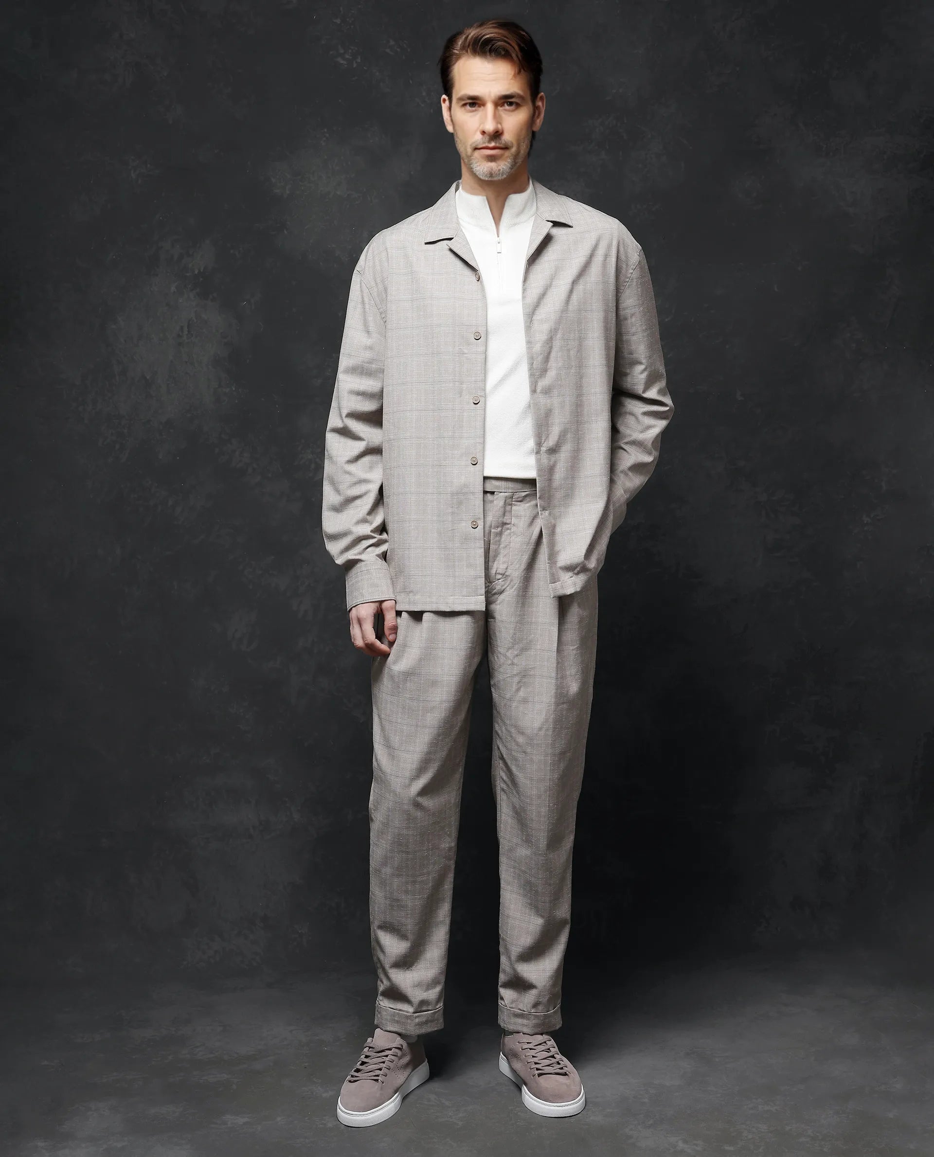 Rare Rabbit Men Reno Beige Cotton Blend Fabric Full Sleeve Cuban Collared Button Closure Regular Fit Checks Premium Casual Shirt