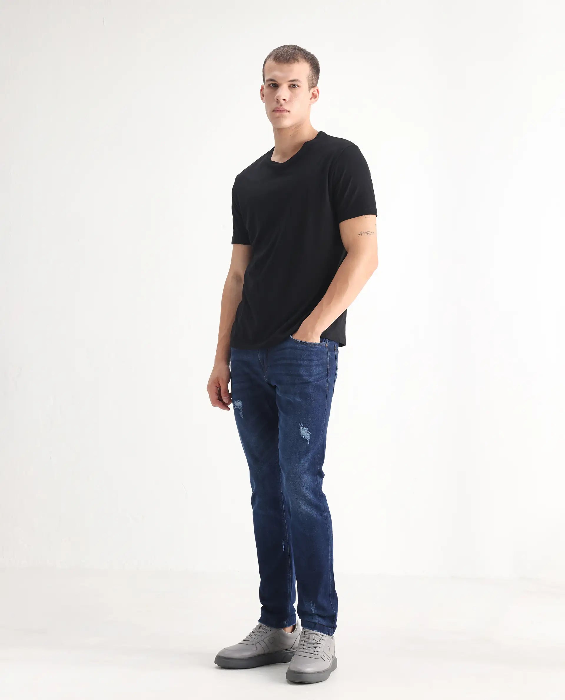Rare Rabbit Men's Reno Blue Cotton Plain Hawk Slim Fit Jeans