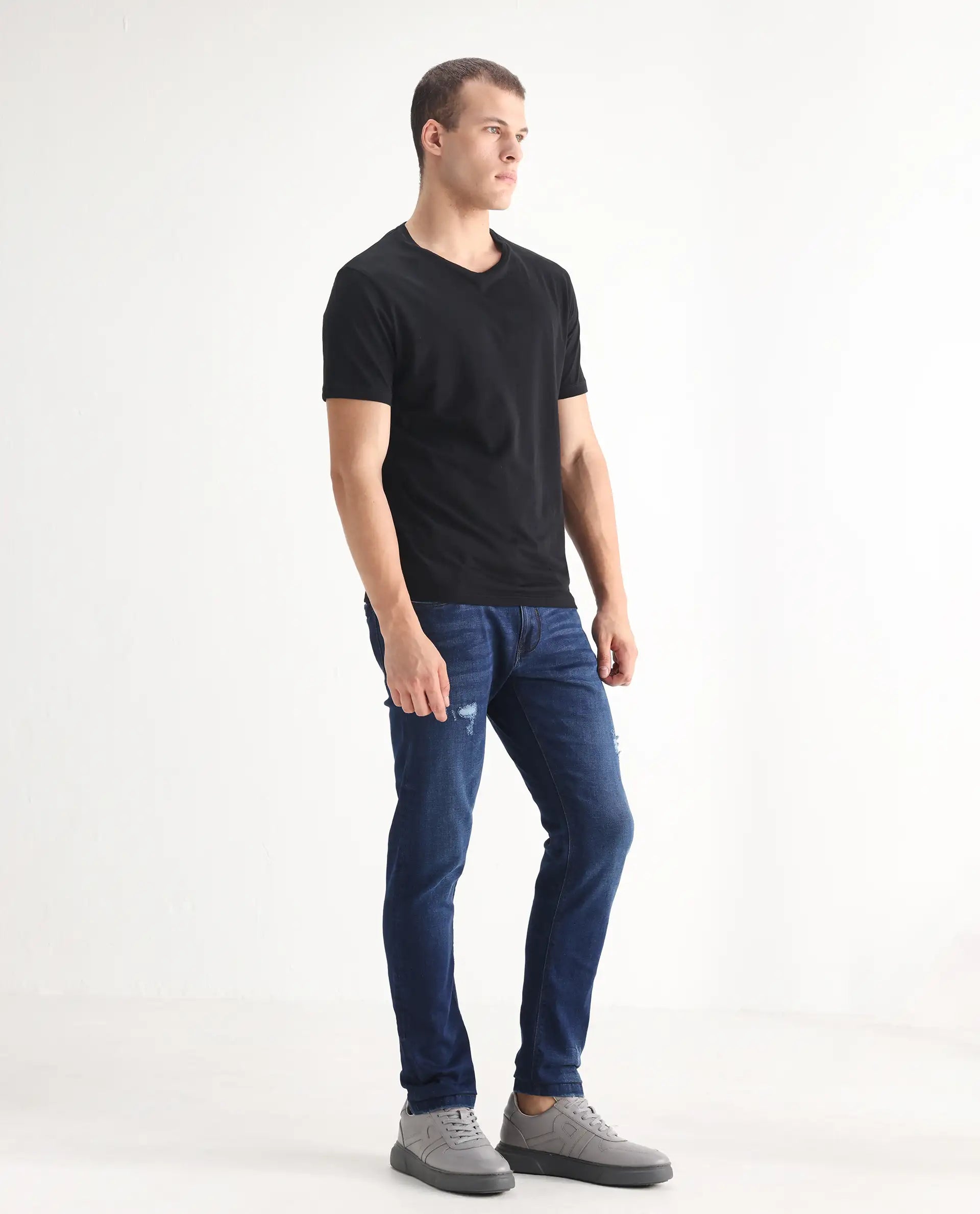 Rare Rabbit Men's Reno Blue Cotton Plain Hawk Slim Fit Jeans