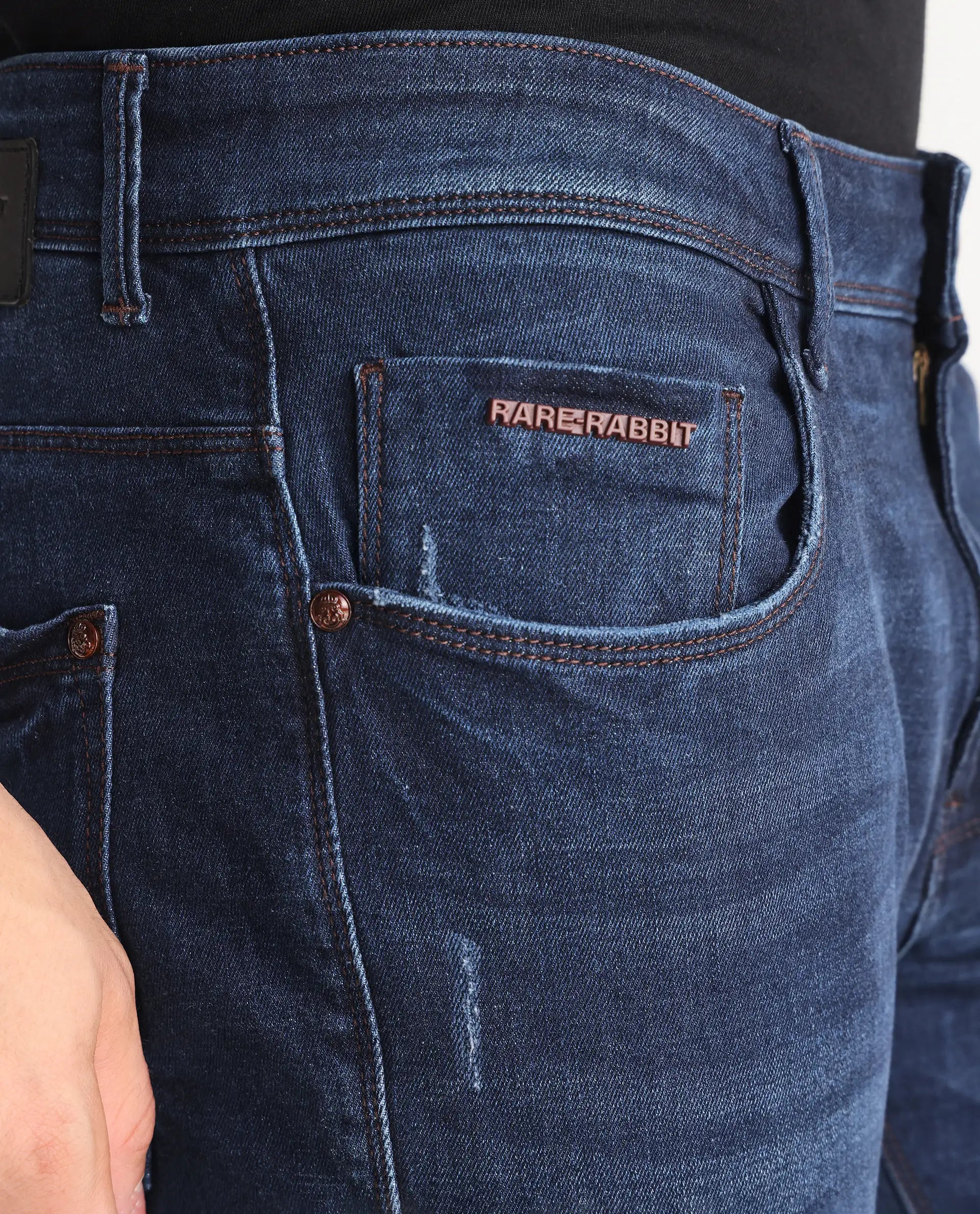 Rare Rabbit Men's Reno Blue Cotton Plain Hawk Slim Fit Jeans