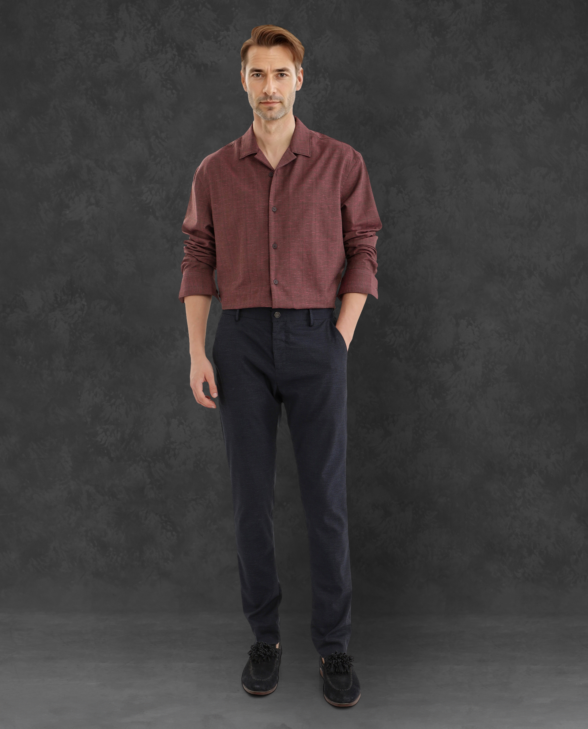 Rare Rabbit Men Reno Maroon Cotton Blend Fabric Full Sleeve Cuban Collared Button Closure Regular Fit Checks Premium Casual Shirt