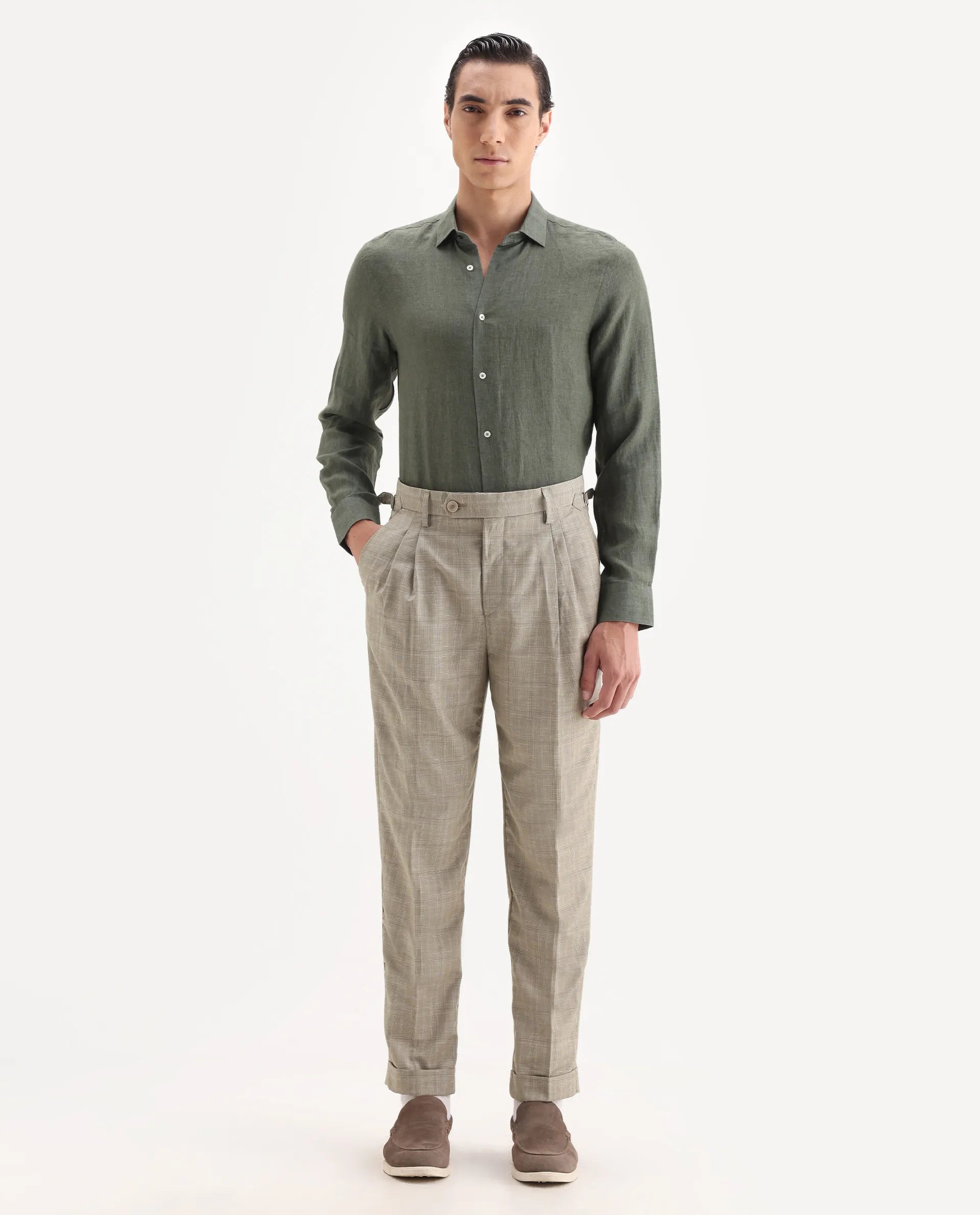 Rare Rabbit Men's Renot Beige Cotton Checked Print Regular Fit Trouser