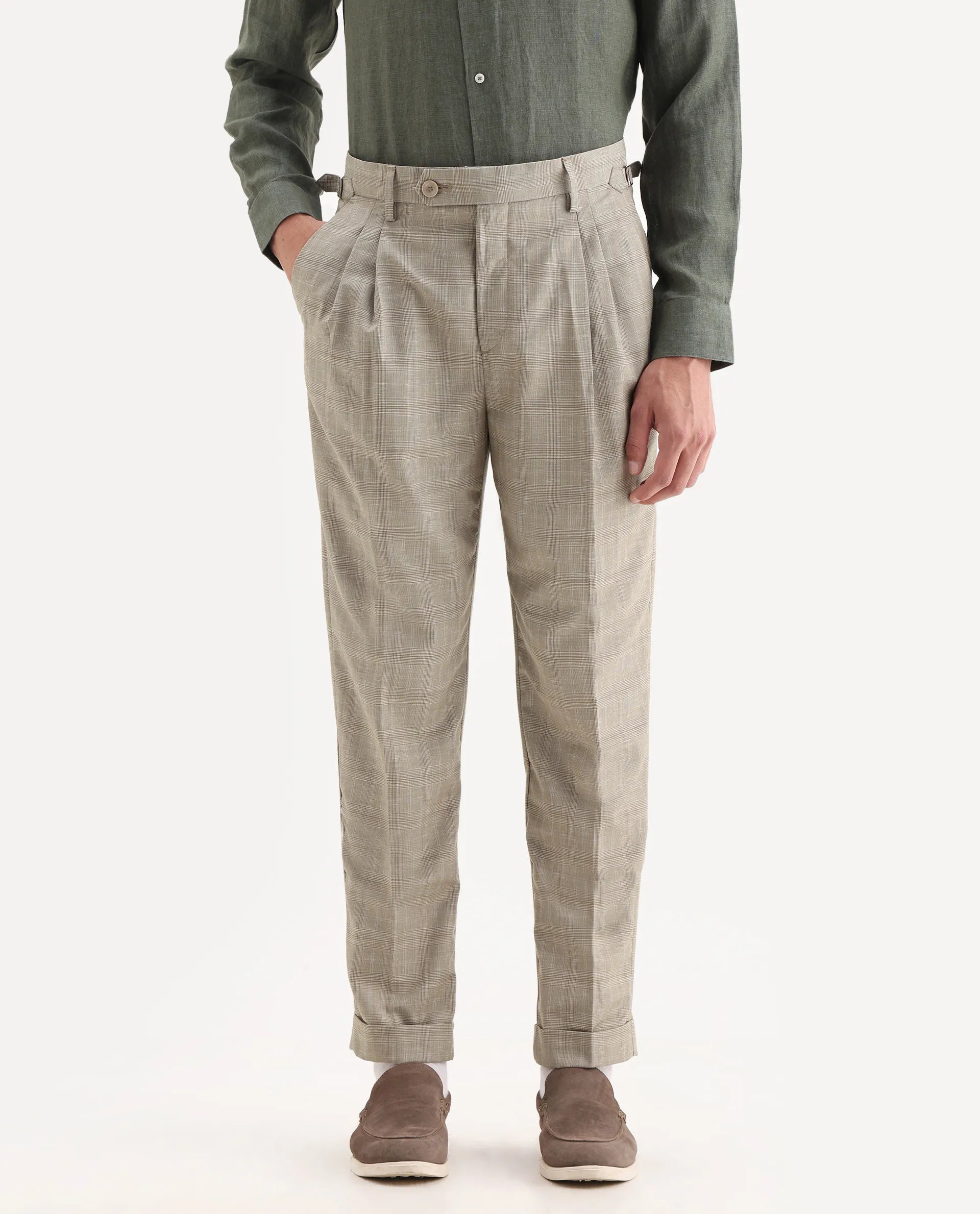 Rare Rabbit Men's Renot Beige Cotton Checked Print Regular Fit Trouser