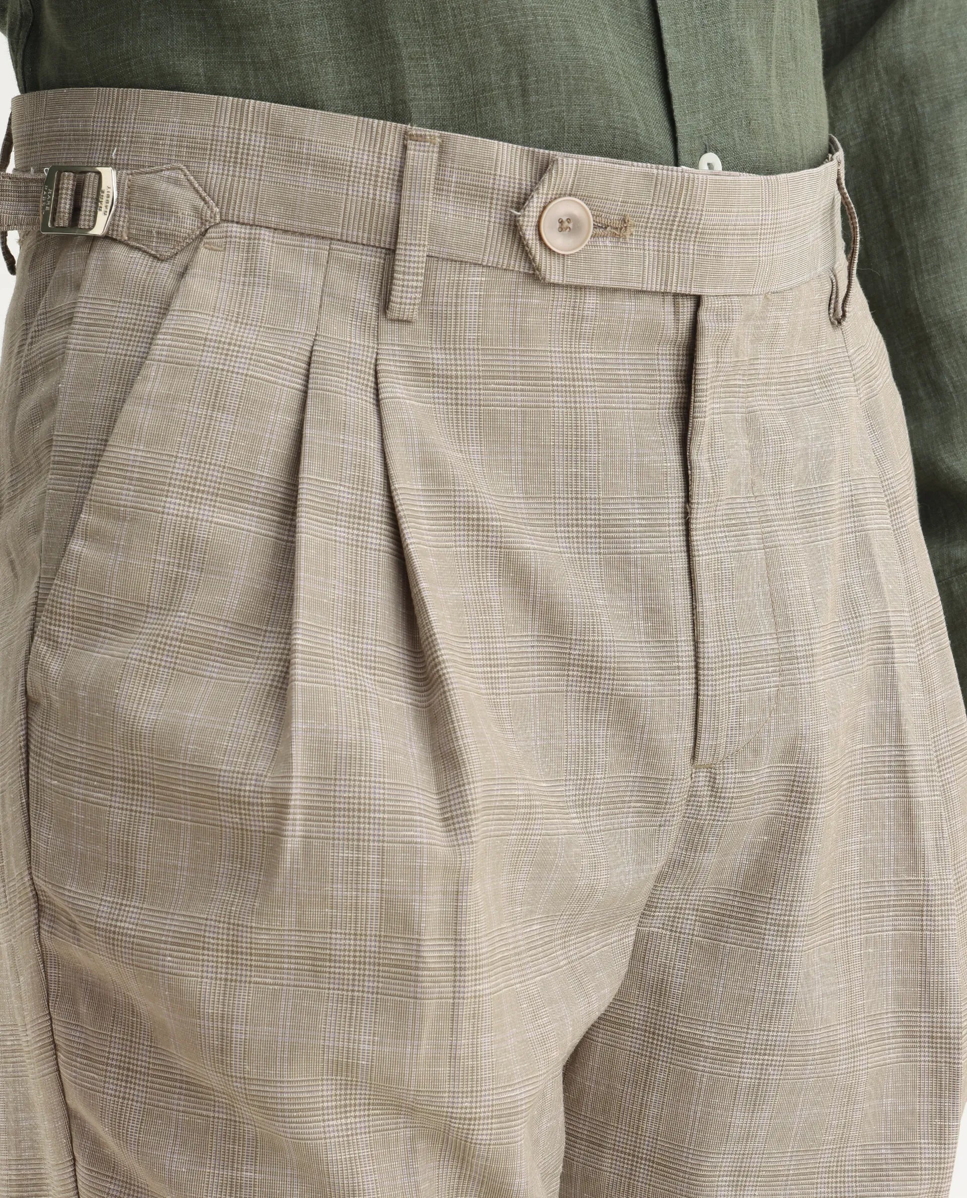Rare Rabbit Men's Renot Beige Linen Blend Checked Print Regular Fit Trouser