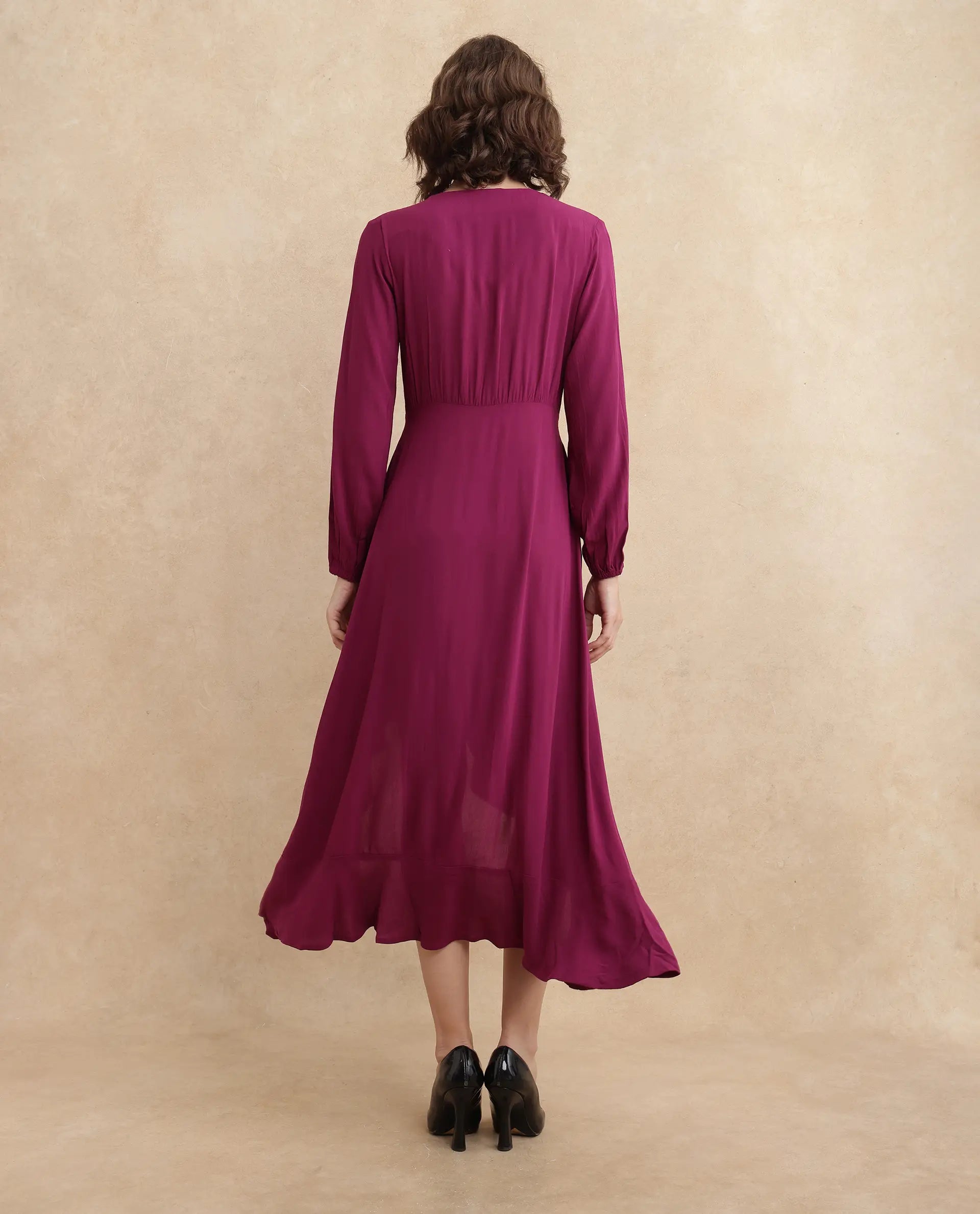 Rareism Women's Rens Dark Maroon Overlap Neck Slip-On Closure Puff Sleeve Plain Fit And Flare Maxi Dress