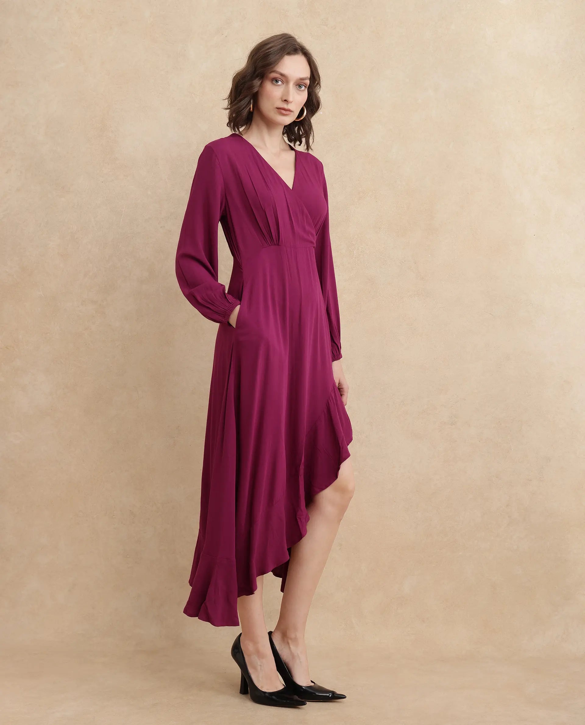 Rareism Women's Rens Dark Maroon Overlap Neck Slip-On Closure Puff Sleeve Plain Fit And Flare Maxi Dress