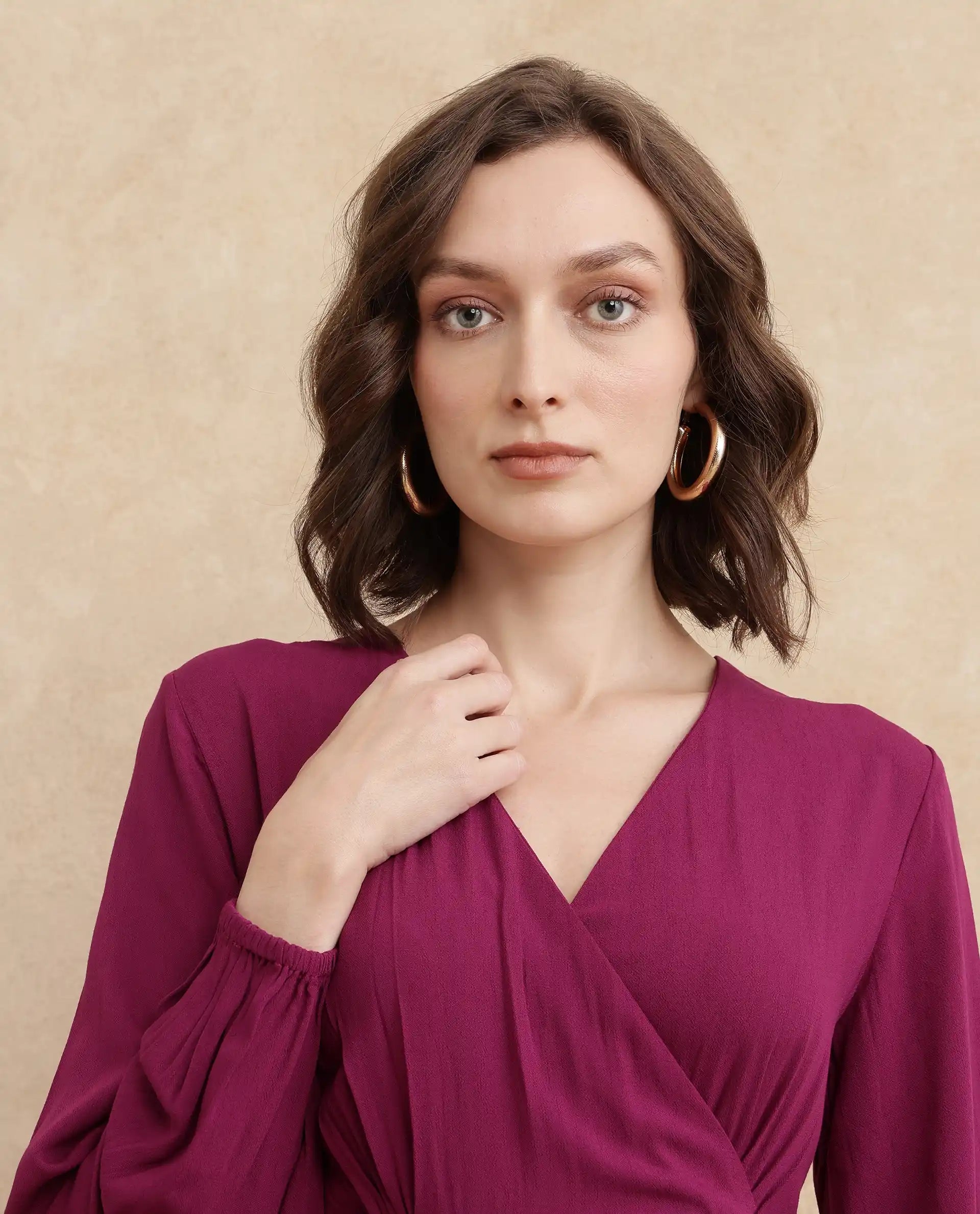 Rareism Women's Rens Dark Maroon Overlap Neck Slip-On Closure Puff Sleeve Plain Fit And Flare Maxi Dress