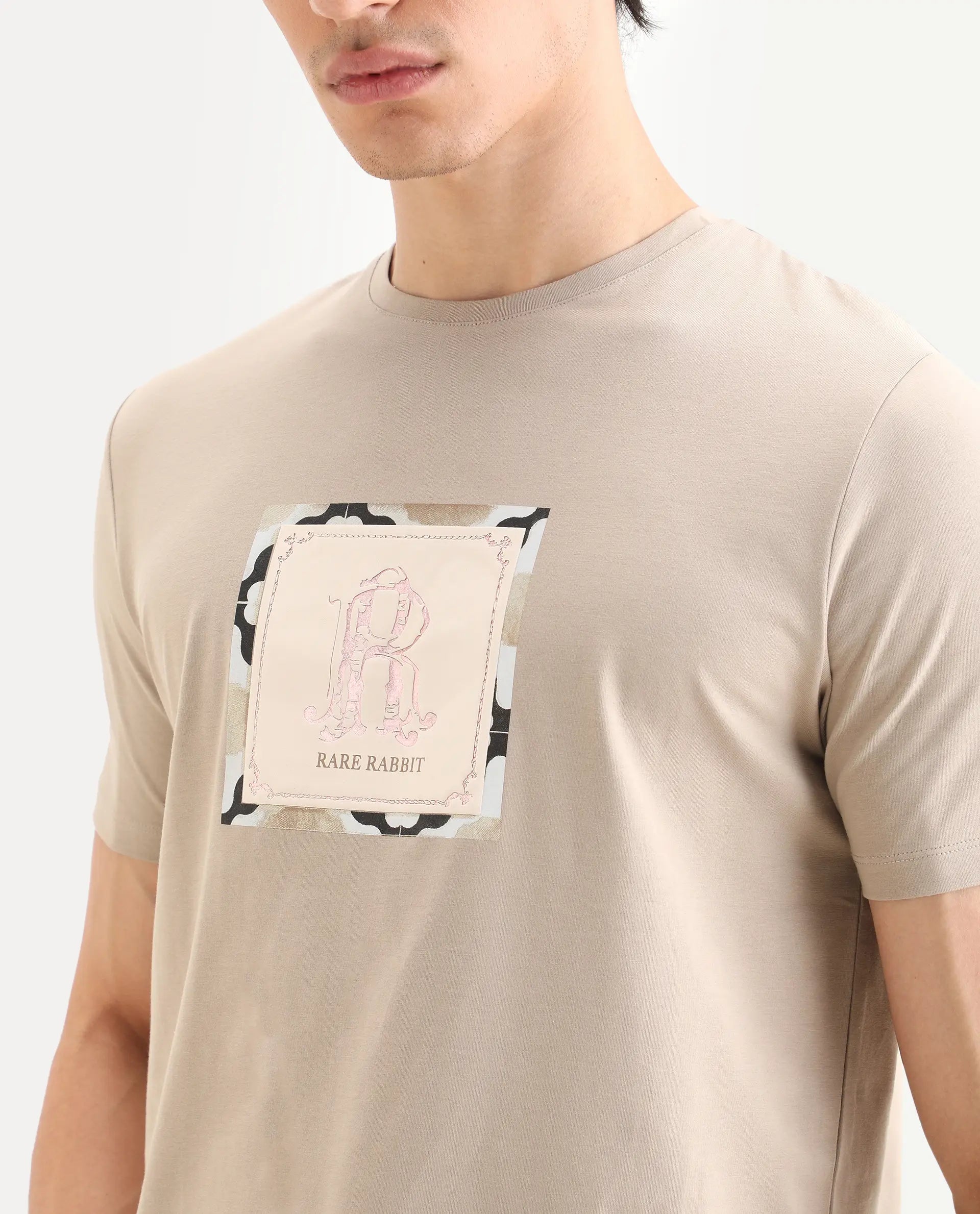 Rare Rabbit Men's Rent Beige Cotton Blend Fabric Half Sleeve Crew Neck Regular Fit Graphic Print T-Shirt